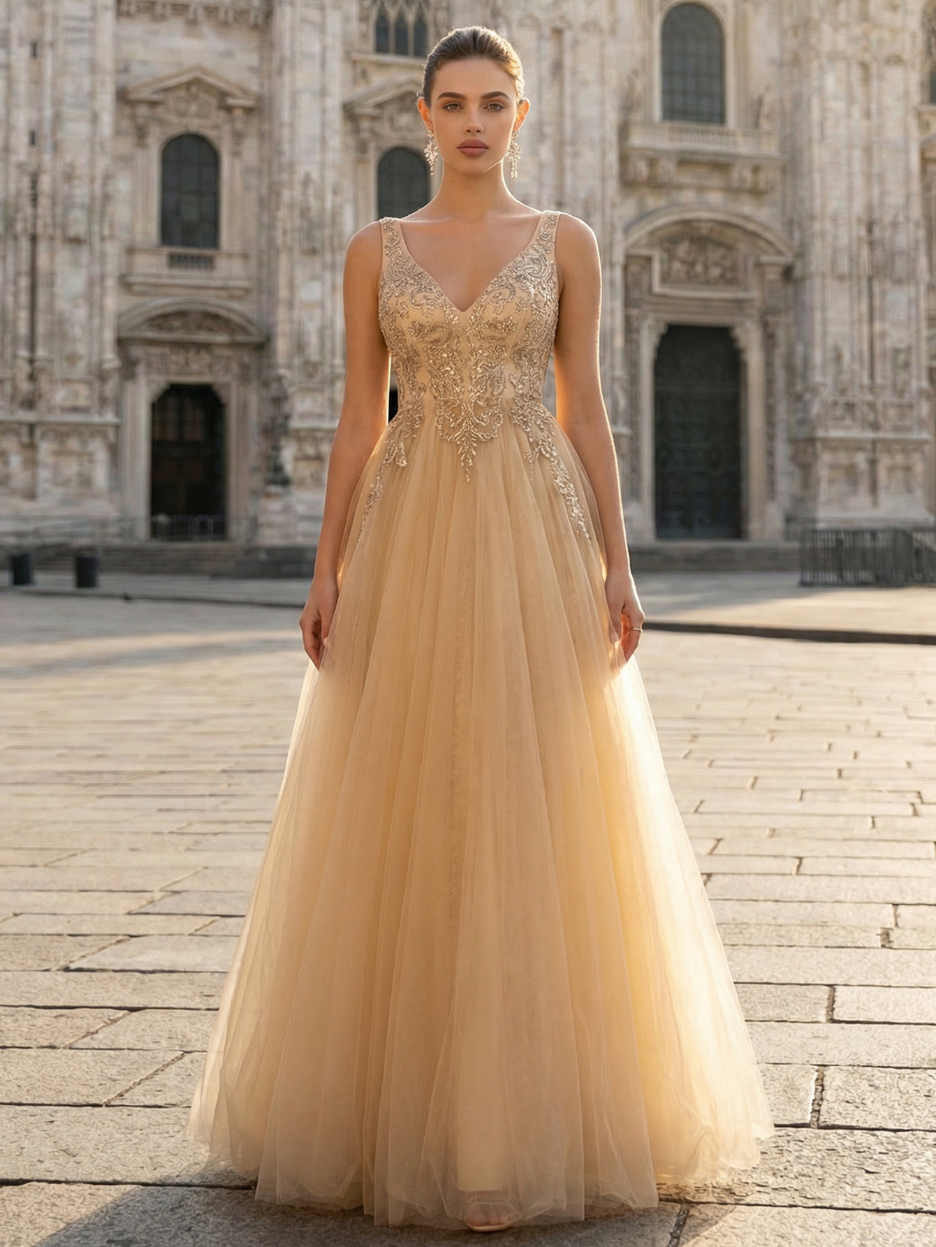 Deep Champagne Embroidered Tulle Evening Gown with Full Skirt