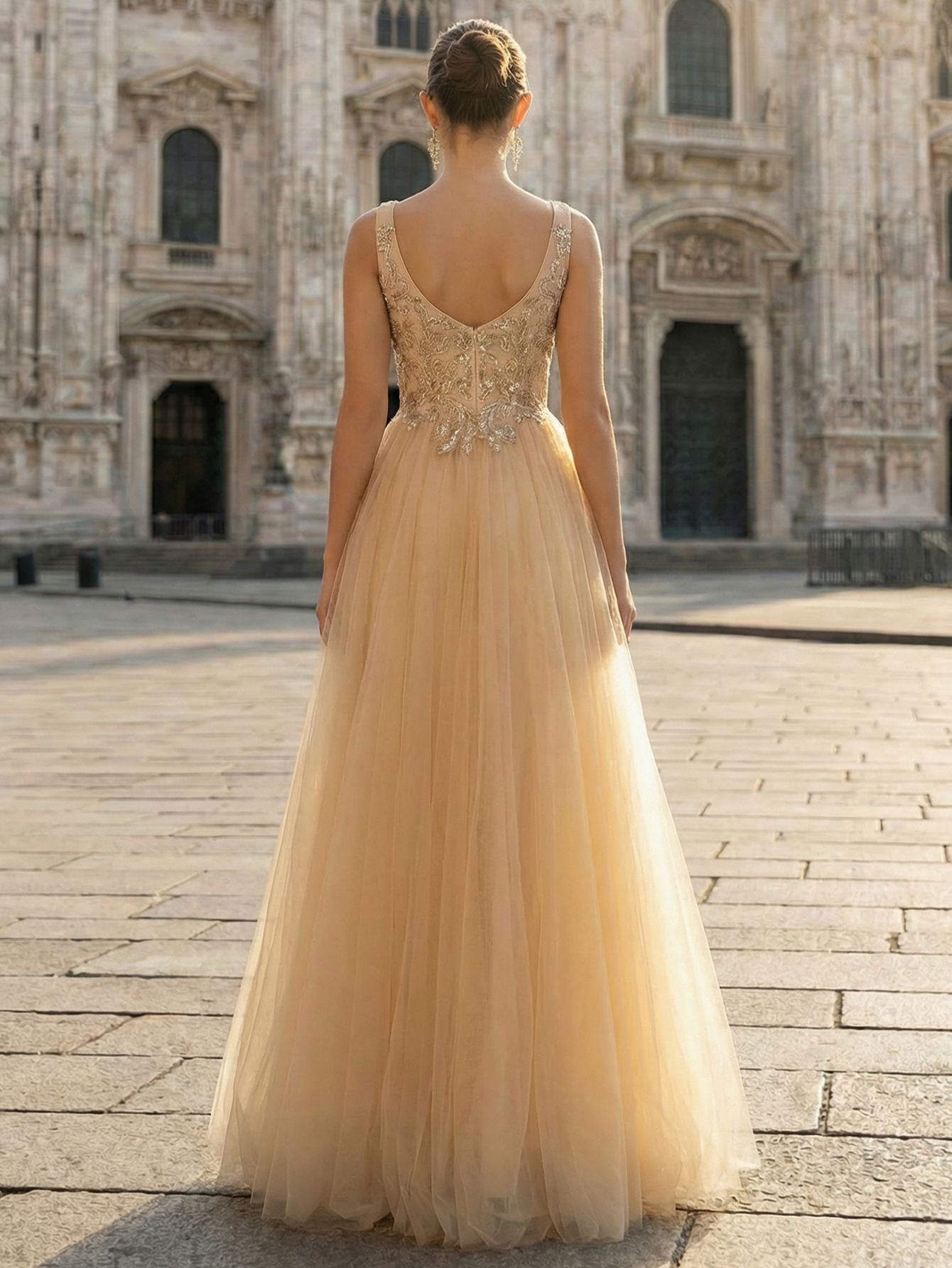 Deep Champagne Embroidered Tulle Evening Gown with Full Skirt