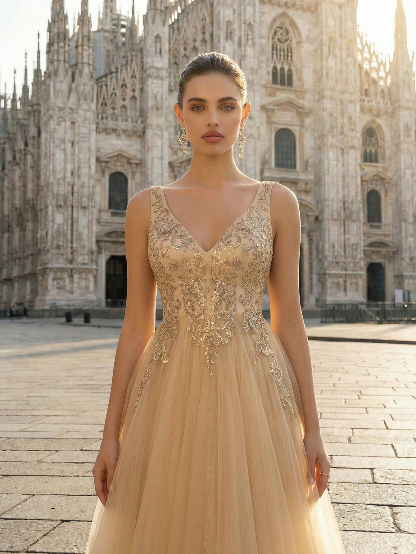 Deep Champagne Embroidered Tulle Evening Gown with Full Skirt