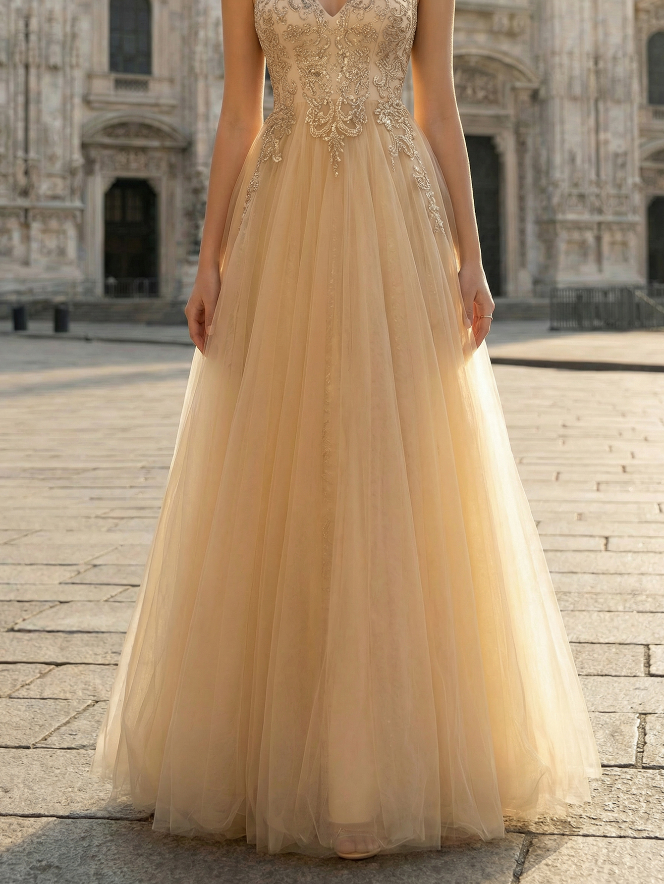 Deep Champagne Embroidered Tulle Evening Gown with Full Skirt