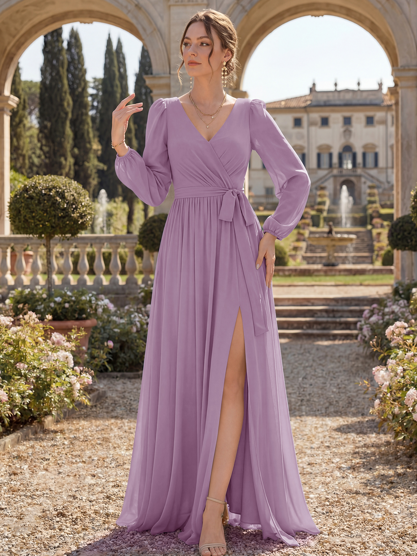 V-Neck Chiffon Bridesmaid Dress with Long Sleeves, Sash & High Slit
