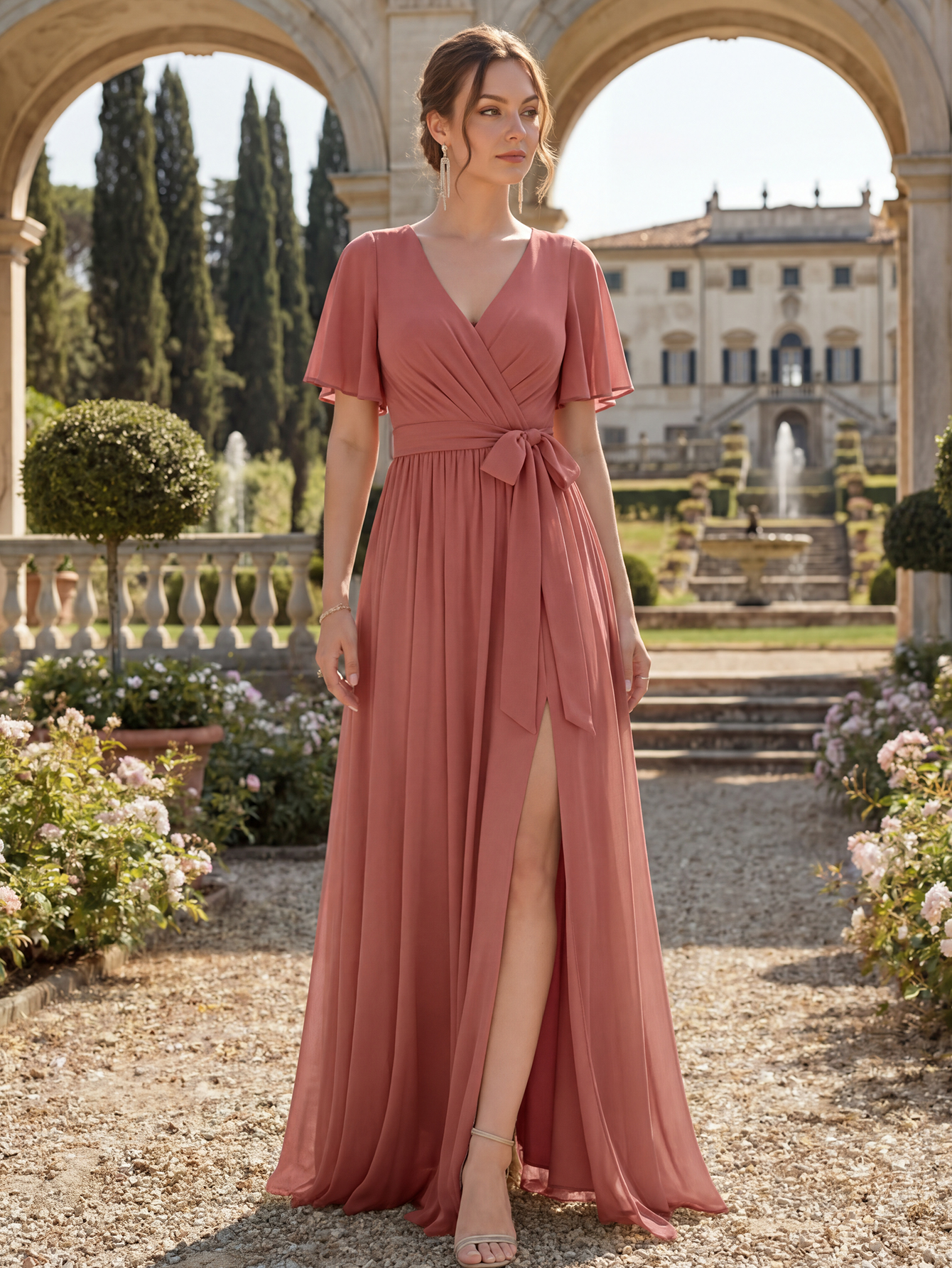 Chiffon Bridesmaid Dress V Neck Flutter Sleeve High Slit A-Line Gown