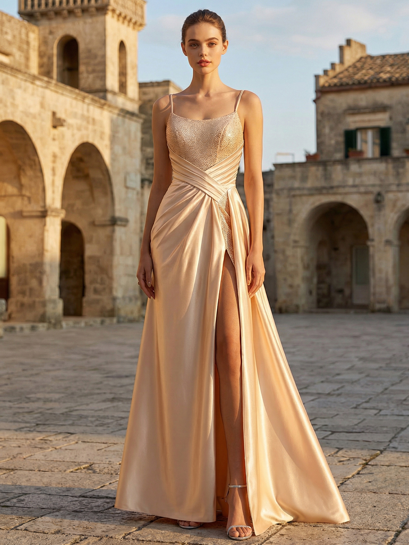 Elegant Champagne Beaded Mermaid Dress with High Slit for Formal Occasions