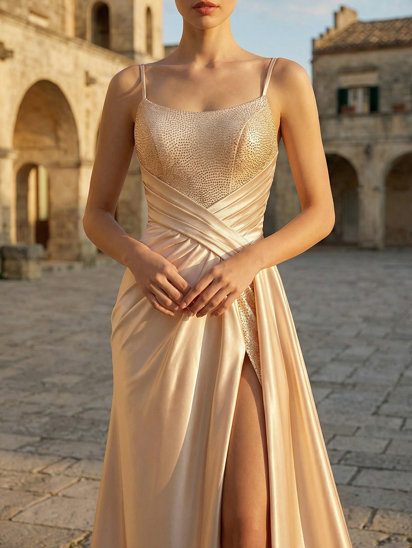 Elegant Champagne Beaded Mermaid Dress with High Slit for Formal Occasions