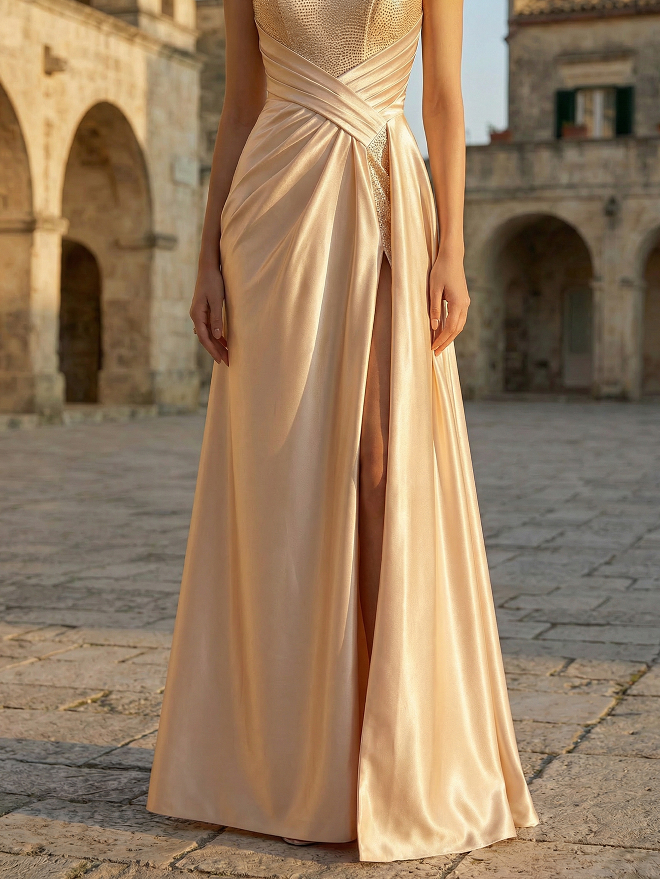 Elegant Champagne Beaded Mermaid Dress with High Slit for Formal Occasions