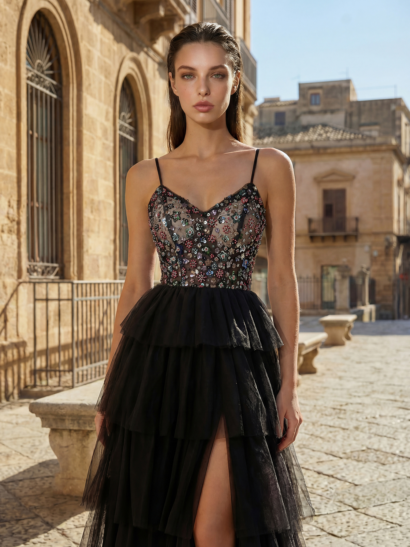 Elegant Colorful Beaded Ruffled Tiered Tulle Ball Gown with Slit