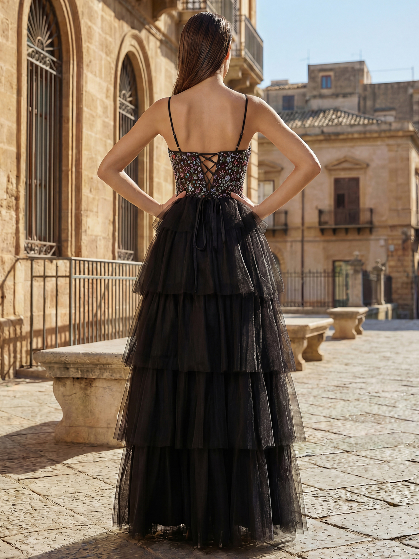 Elegant Colorful Beaded Ruffled Tiered Tulle Ball Gown with Slit