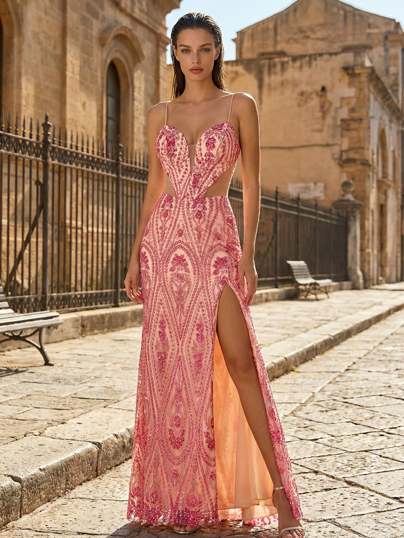 Elegant Mermaid Gown with Beaded Asymmetrical Panels and High Slit