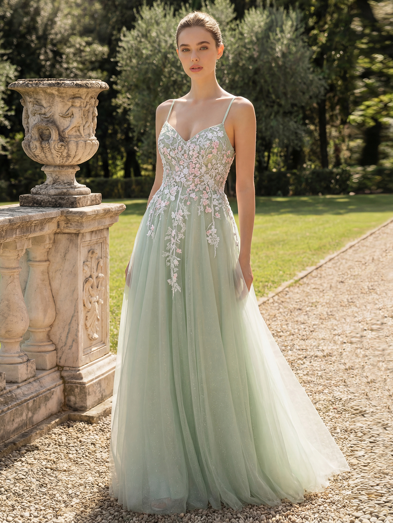 Elegant Mint Green Floral Embroidered Tulle Prom Gown