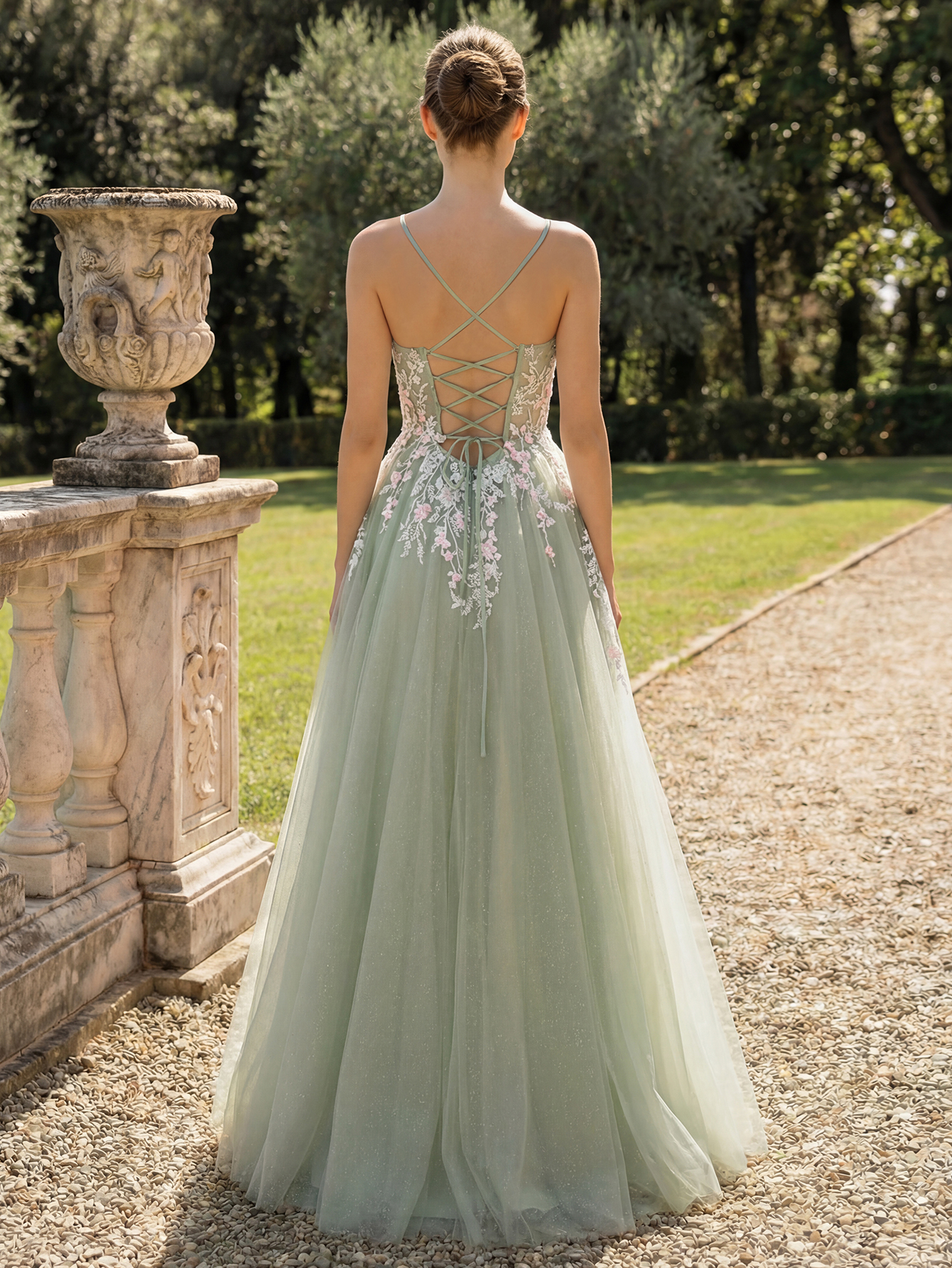 Elegant Mint Green Floral Embroidered Tulle Prom Gown