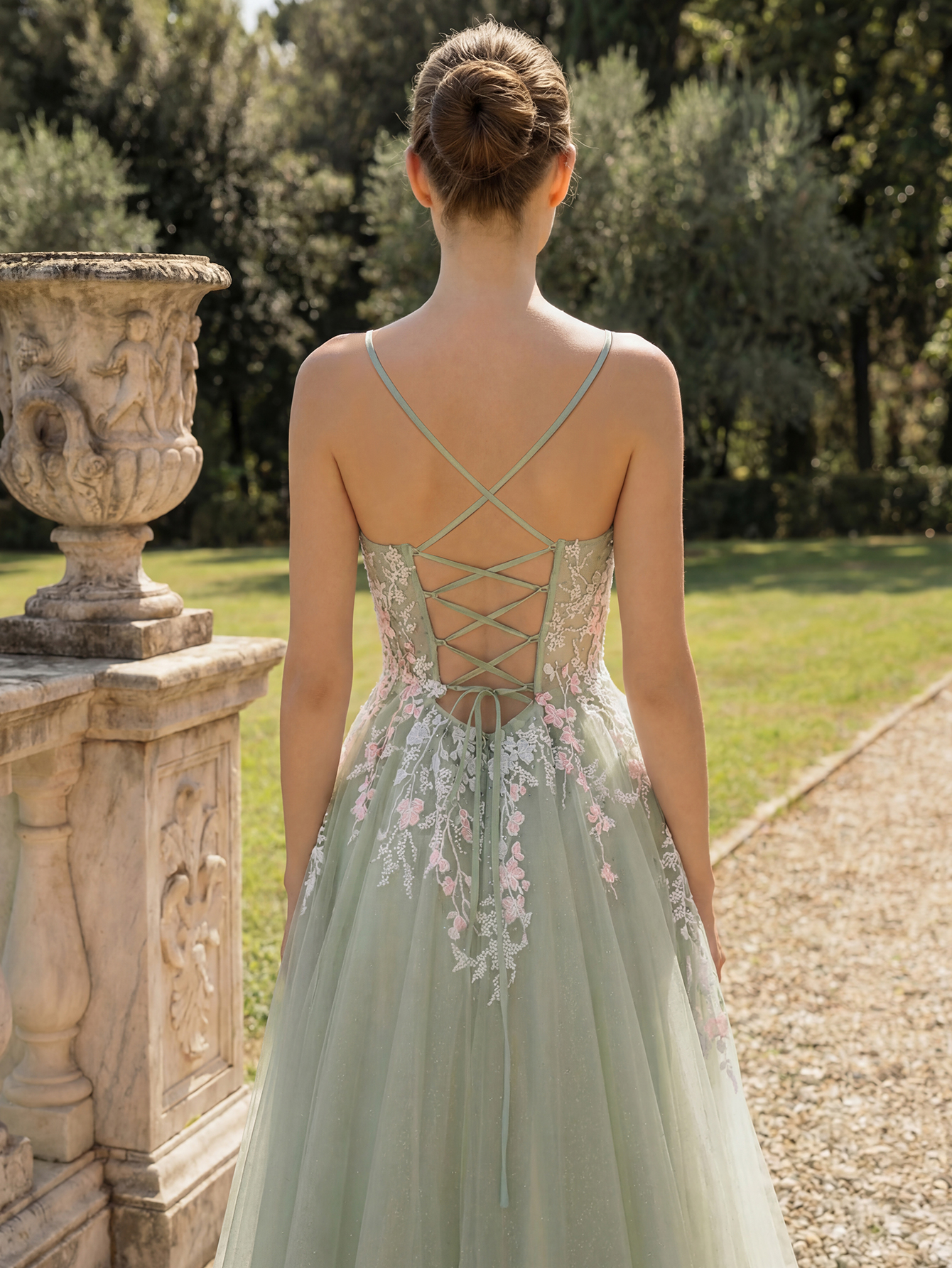 Elegant Mint Green Floral Embroidered Tulle Prom Gown