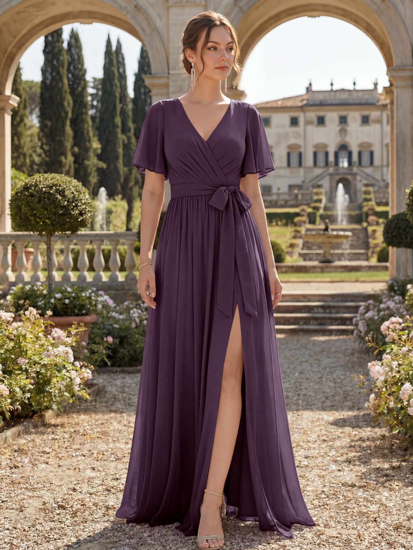 Chiffon Bridesmaid Dress V Neck Flutter Sleeve High Slit A-Line Gown