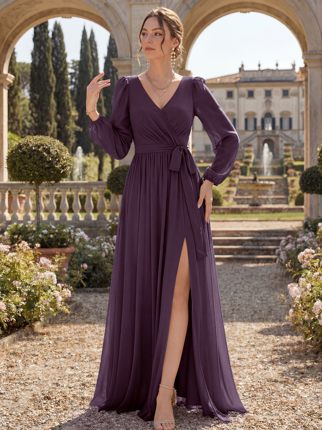 V-Neck Chiffon Bridesmaid Dress with Long Sleeves, Sash & High Slit