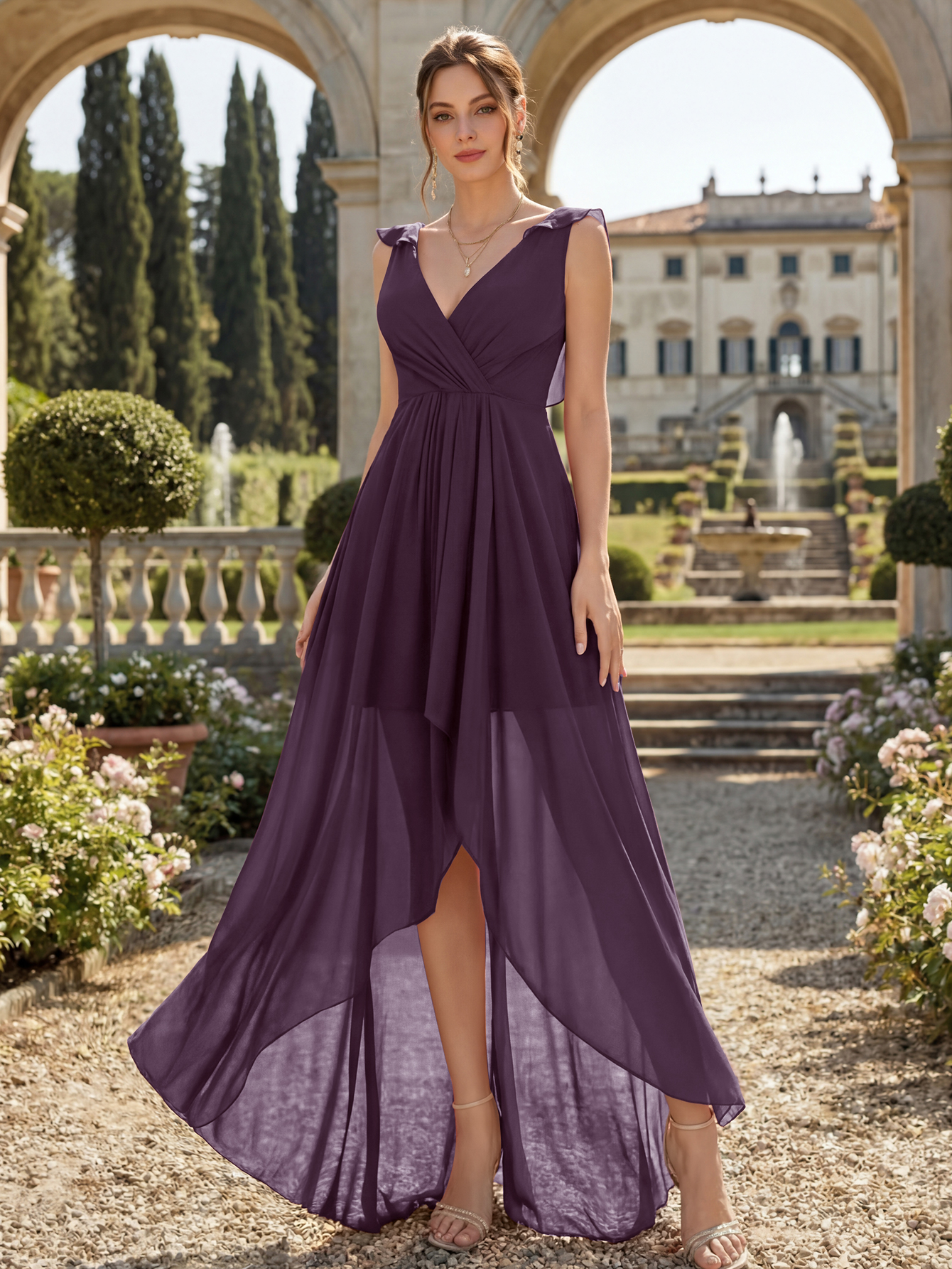 V-Neck High-Low Chiffon Bridesmaid Dress