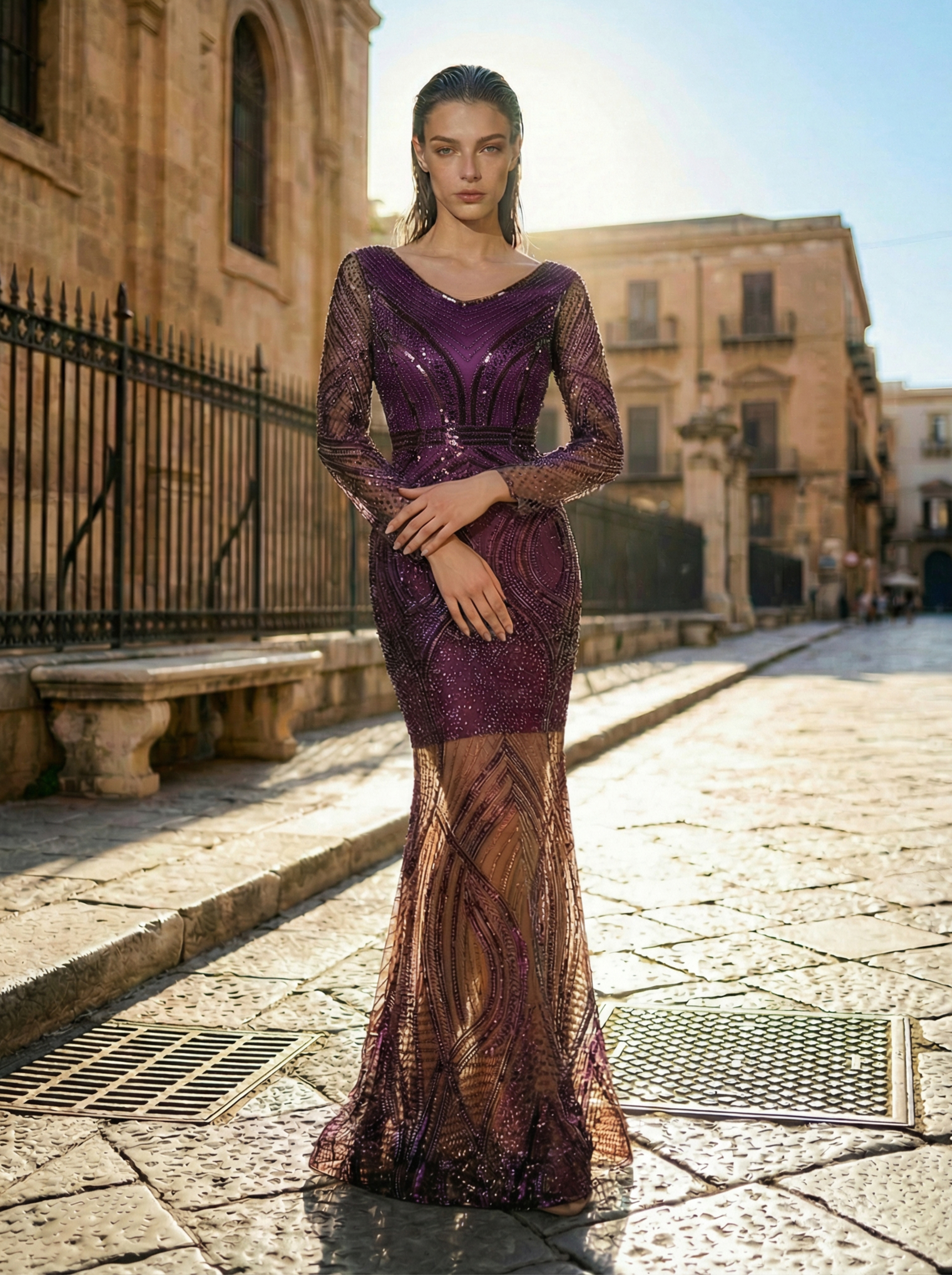 Elegant Long Sleeve Bodycon Evening Gown Beaded Party Dress