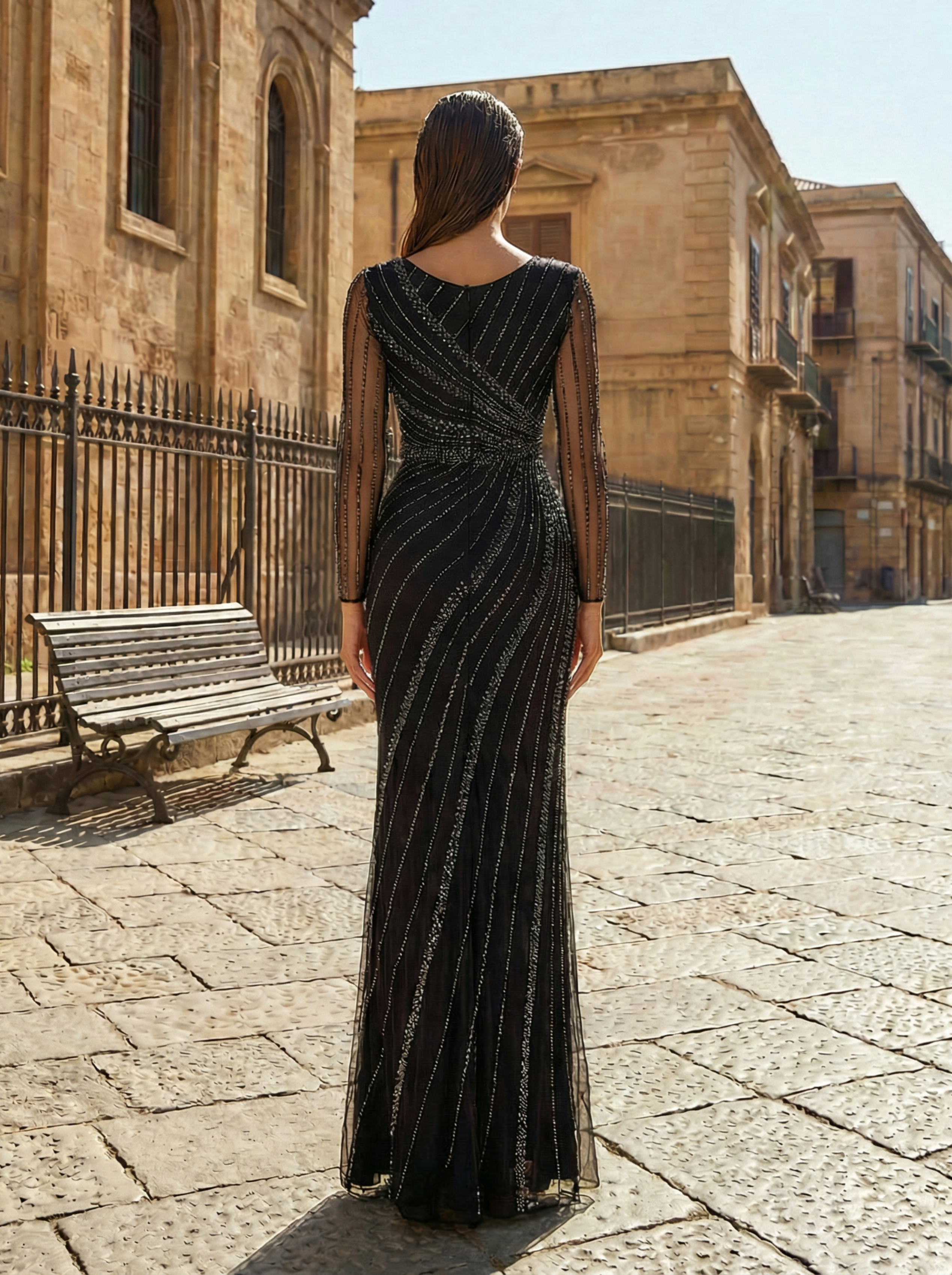 Elegant Black Beaded Wedding Guest Dress Long Sleeve Striped Maxi Dress