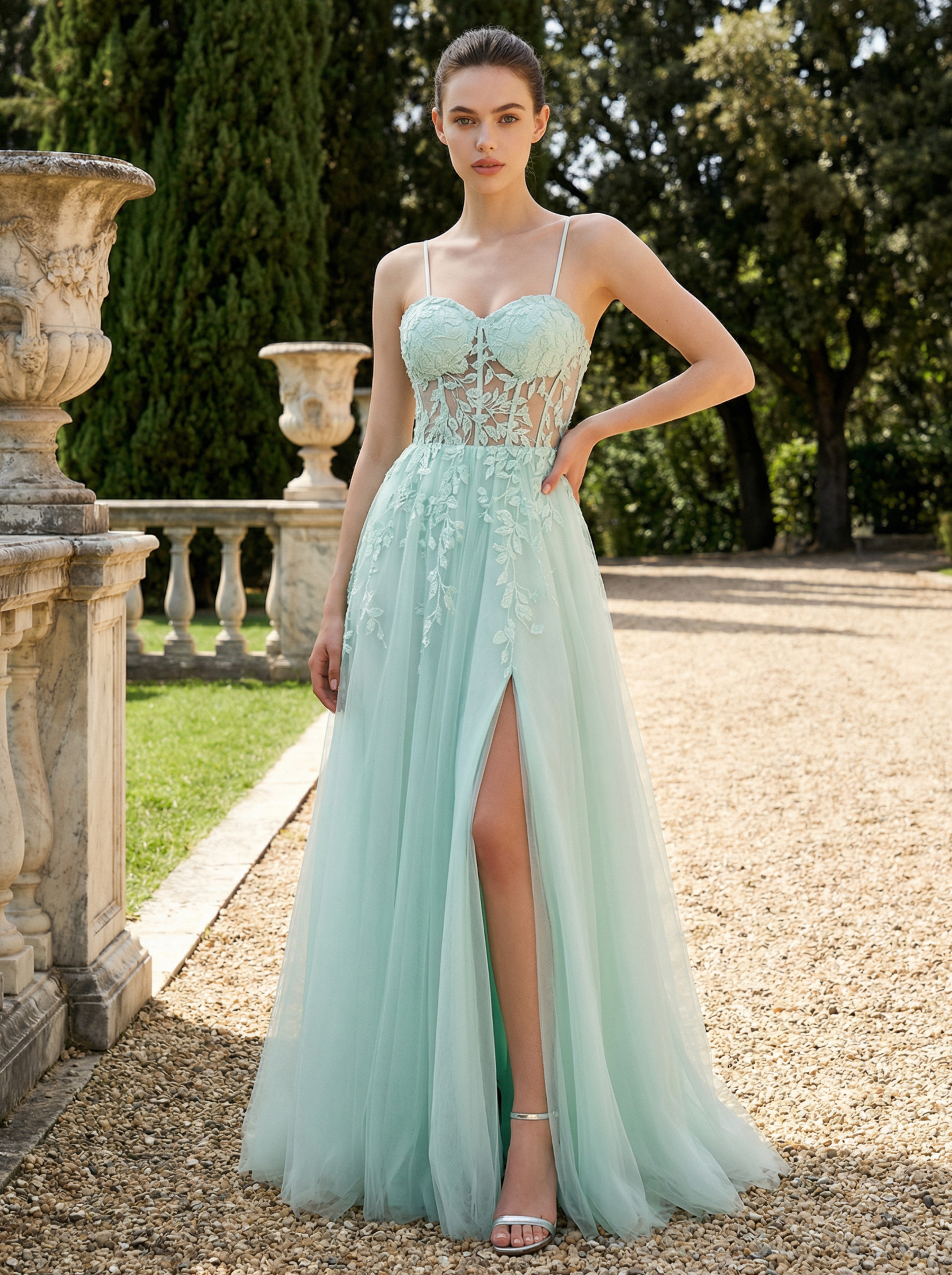 Modecrush Mint Green Dimensional Embroidery Long Lively Spaghetti Strap Wedding Guest Dress Making Women Younger And More Charming, Suitable For Various Parties, Graduations, Weddings