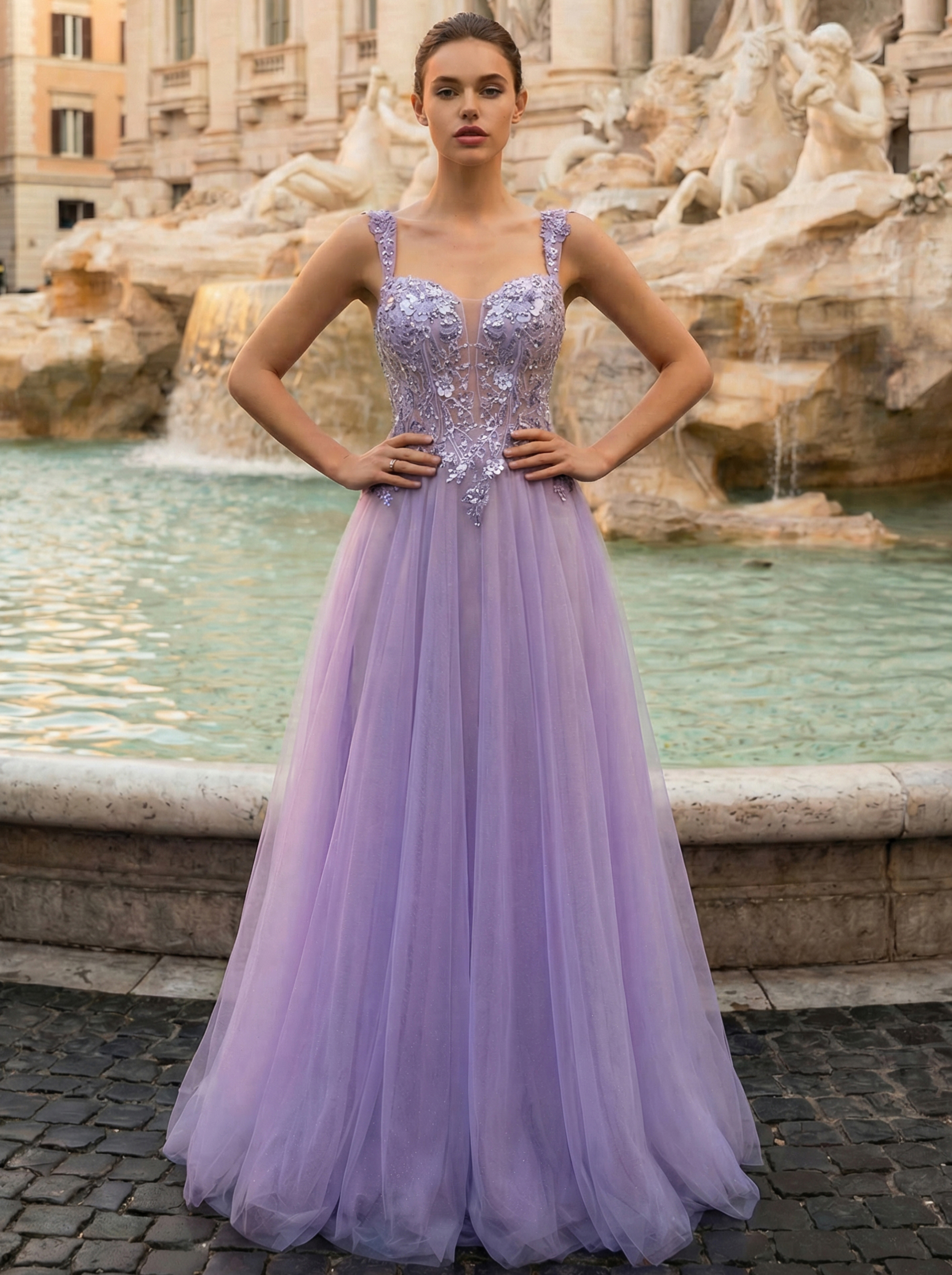 Romantic Lilac Mermaid Gown with Tulle Skirt and Floral Embroidery
