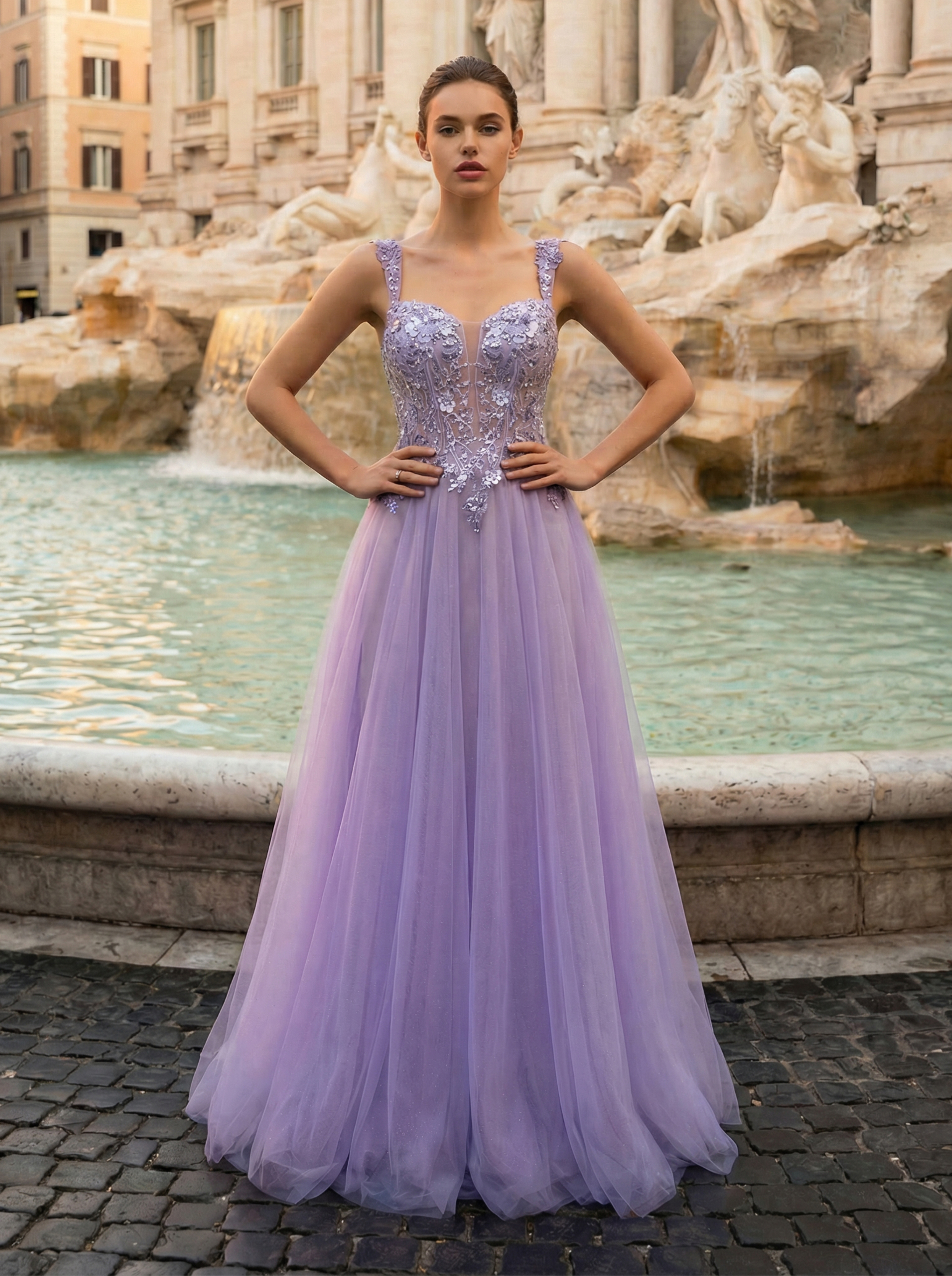 Romantic Lilac Mermaid Gown with Tulle Skirt and Floral Embroidery