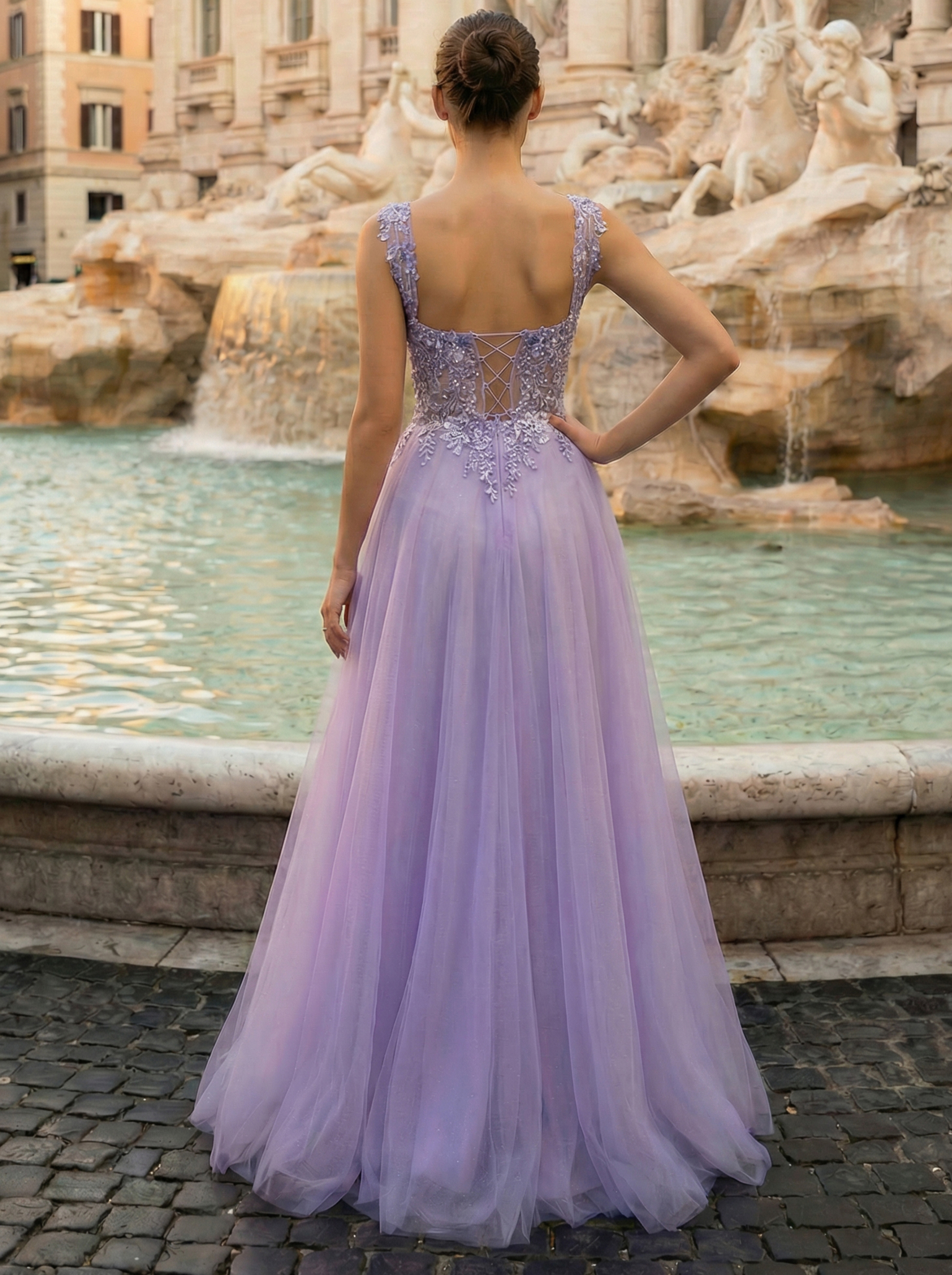 Romantic Lilac Mermaid Gown with Tulle Skirt and Floral Embroidery