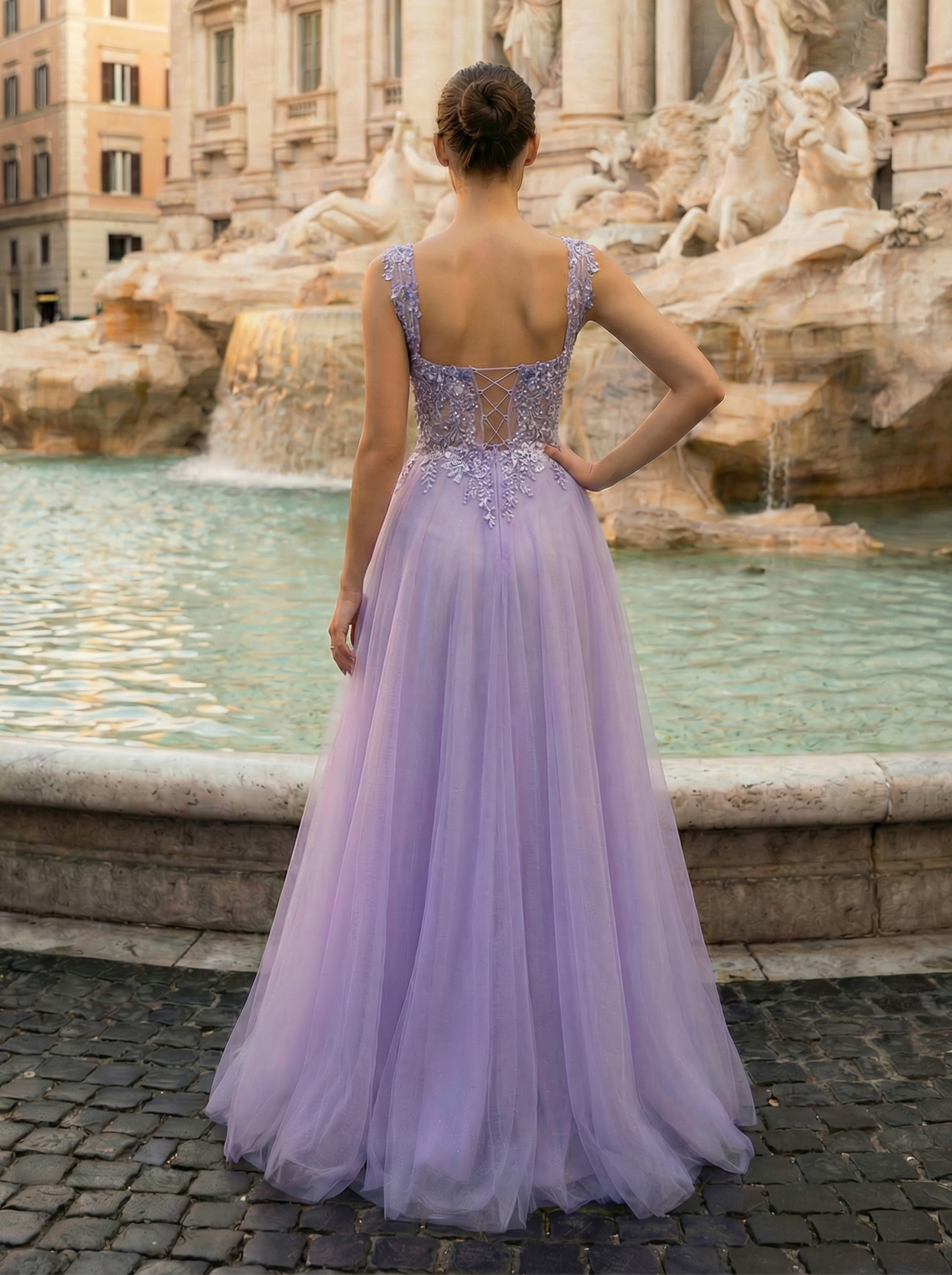 Romantic Lilac Mermaid Gown with Tulle Skirt and Floral Embroidery