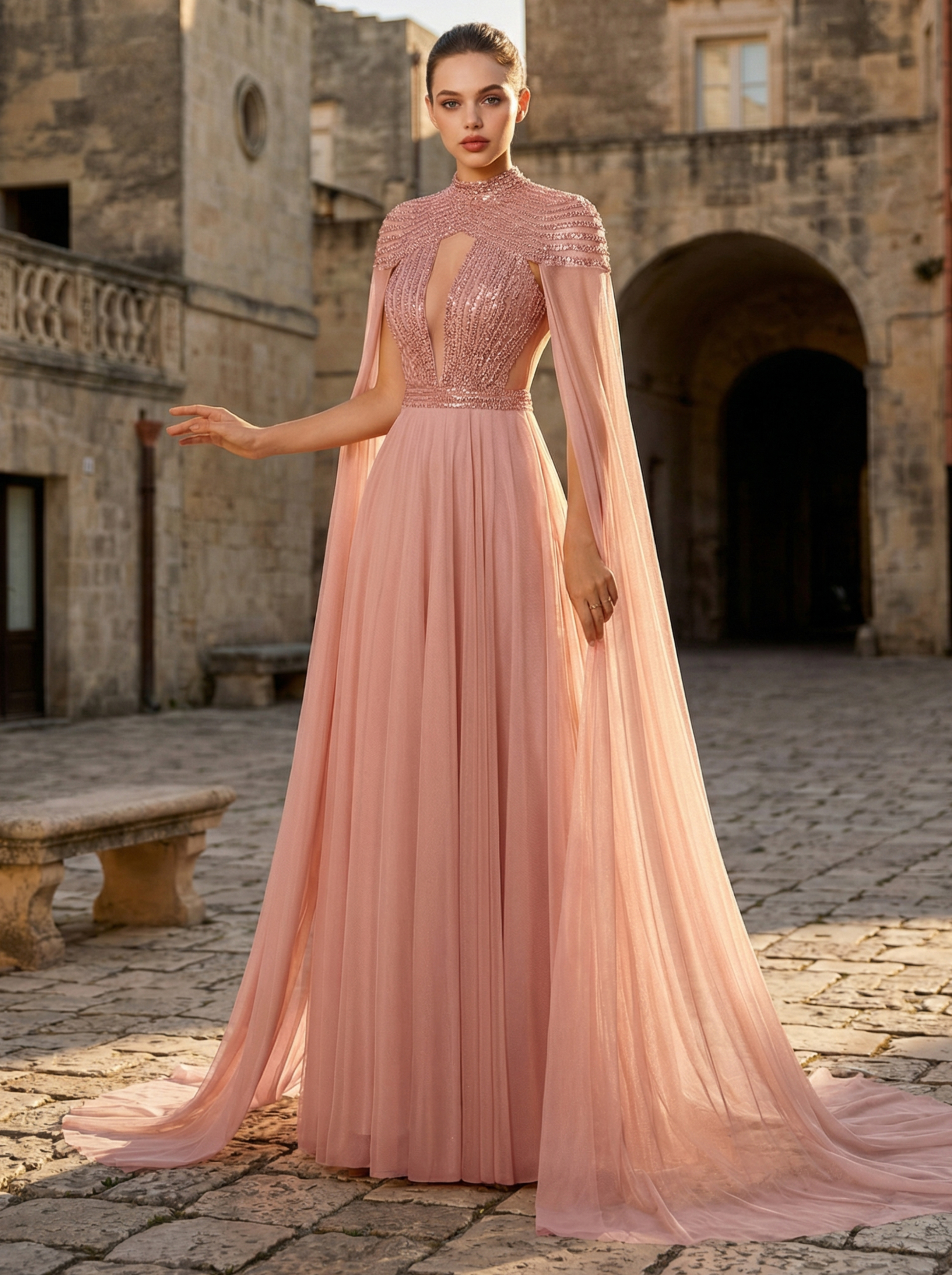 Elegant Sequined Gown with Tulle and Extra-Long Sleeves for Formal Occasions