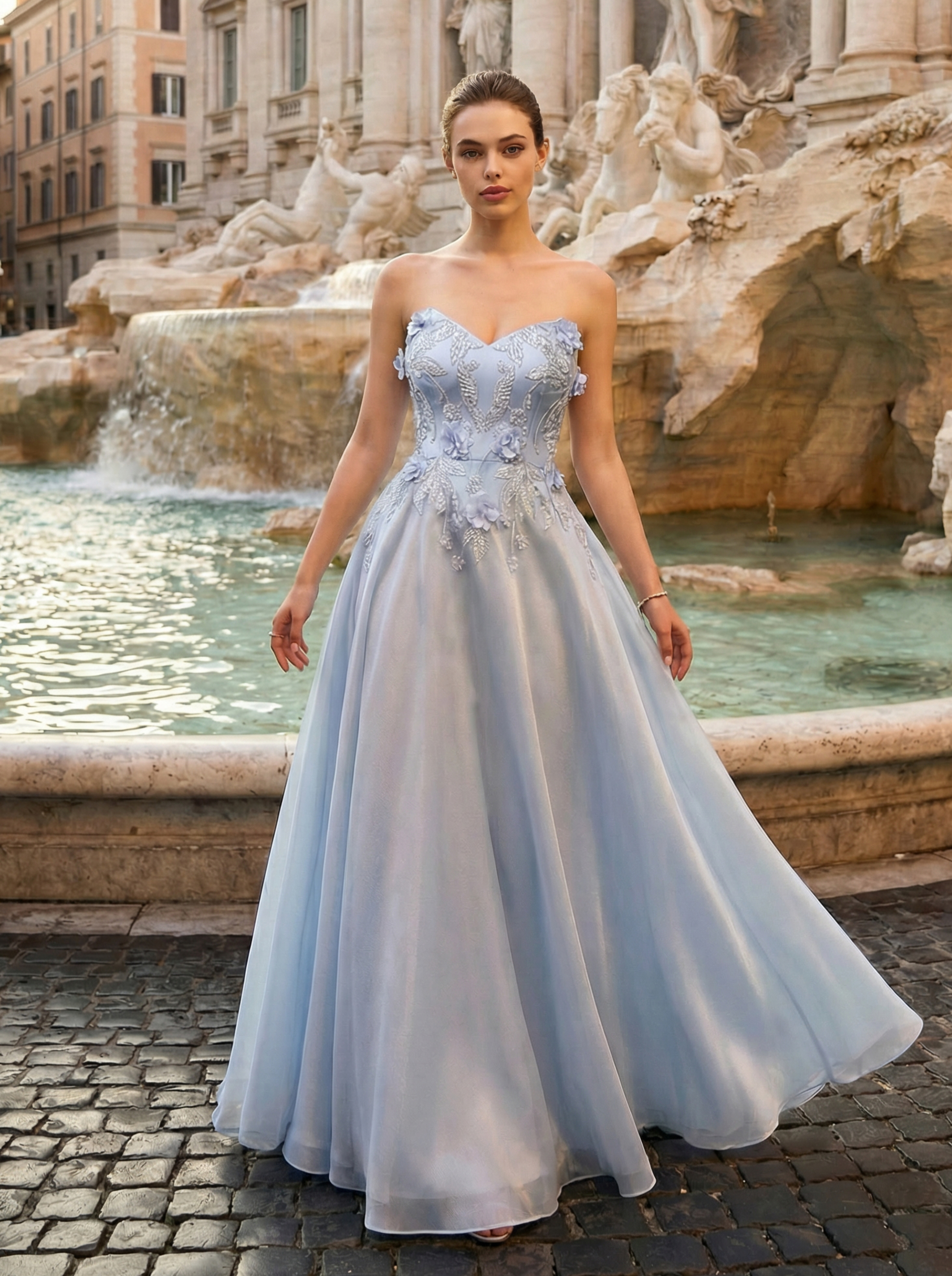 Sky Blue Spaghetti Strap Beaded Mermaid Evening Gown