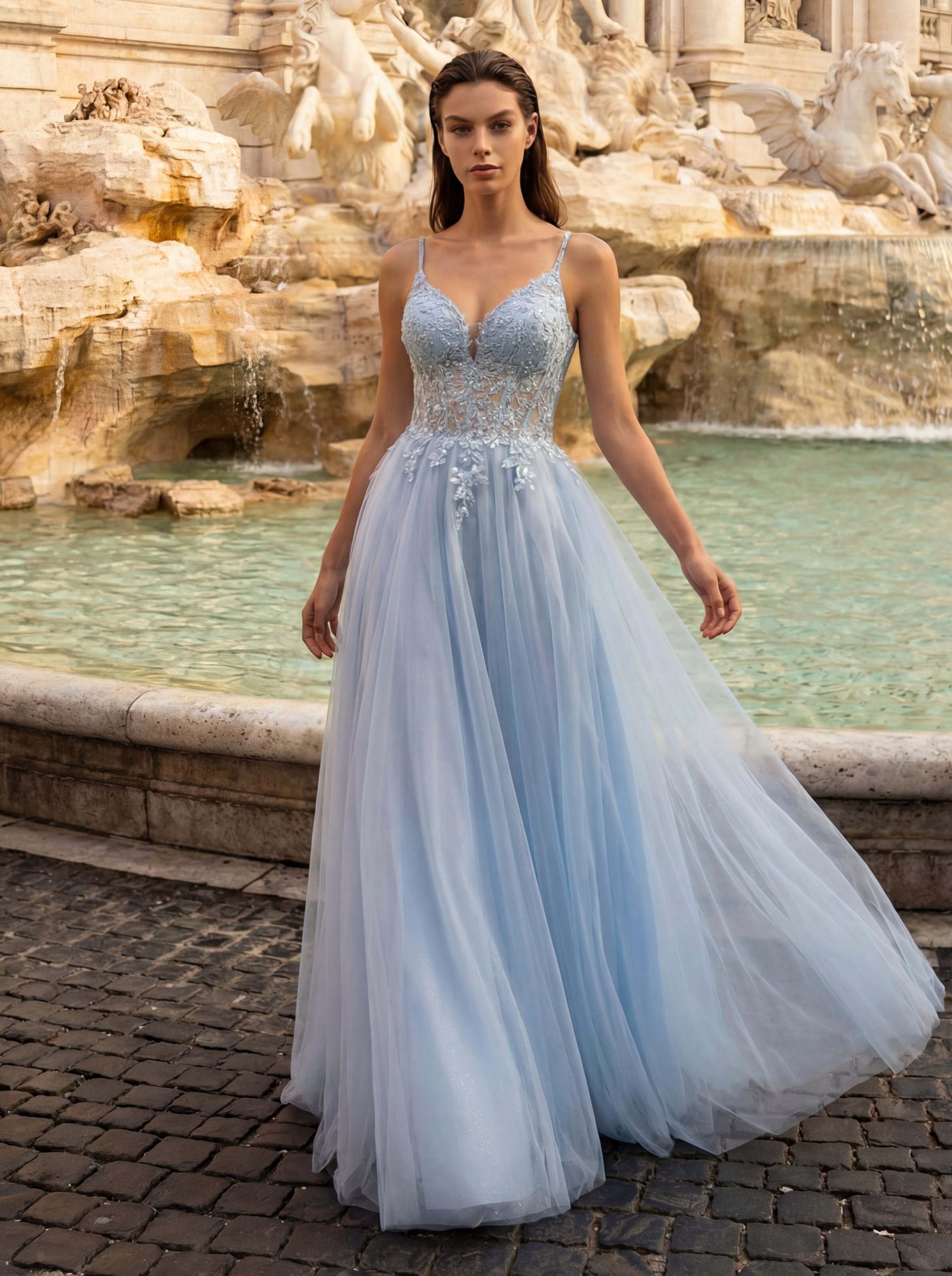 Sky Blue Tulle Off-Shoulder Prom Dress with Floral Lace and Beadwork