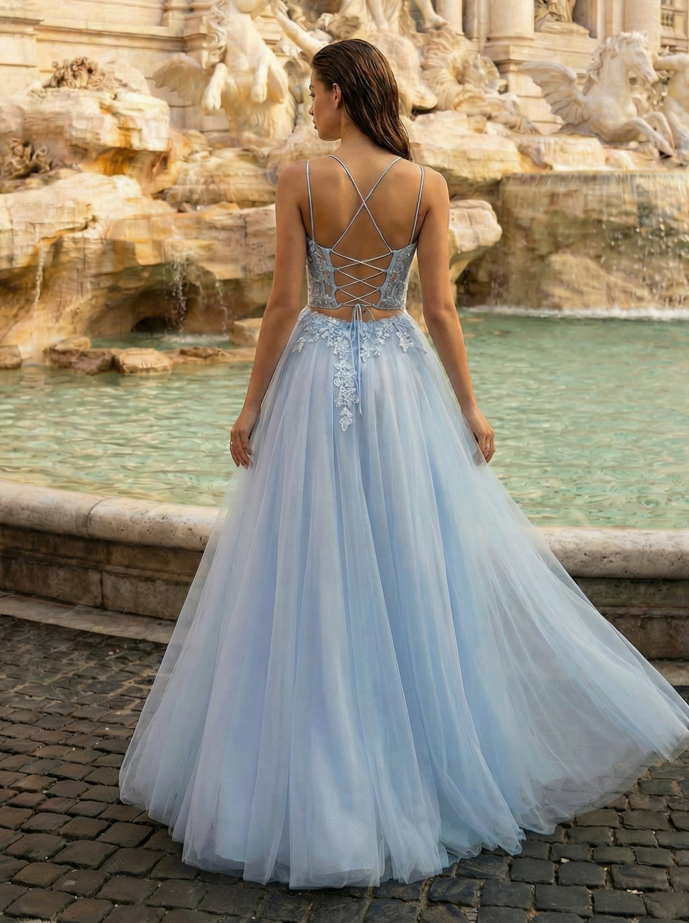Sky Blue Tulle Off-Shoulder Prom Dress with Floral Lace and Beadwork