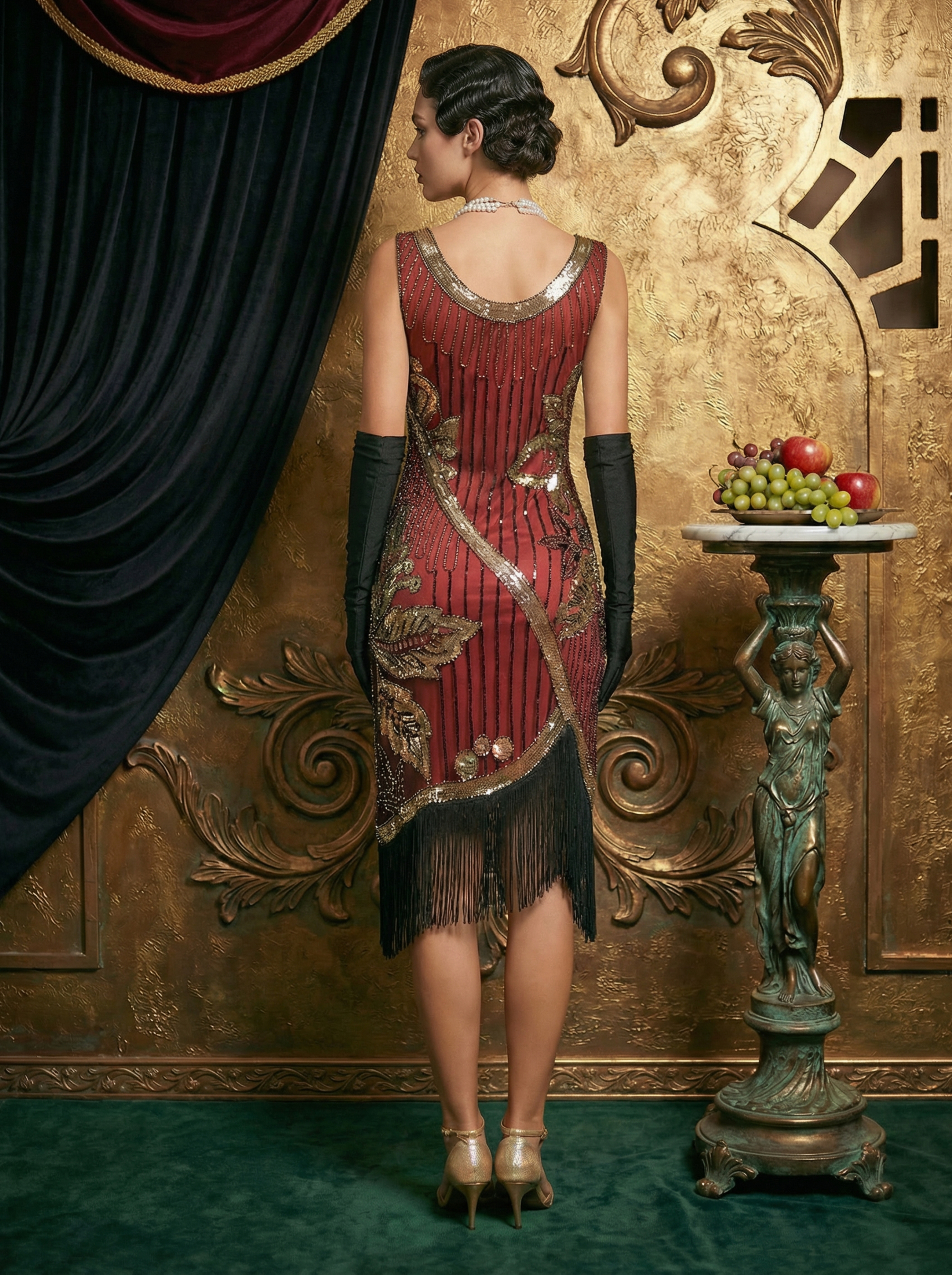 Burgundy 1920s Gatsby Flapper Dress with Fringe