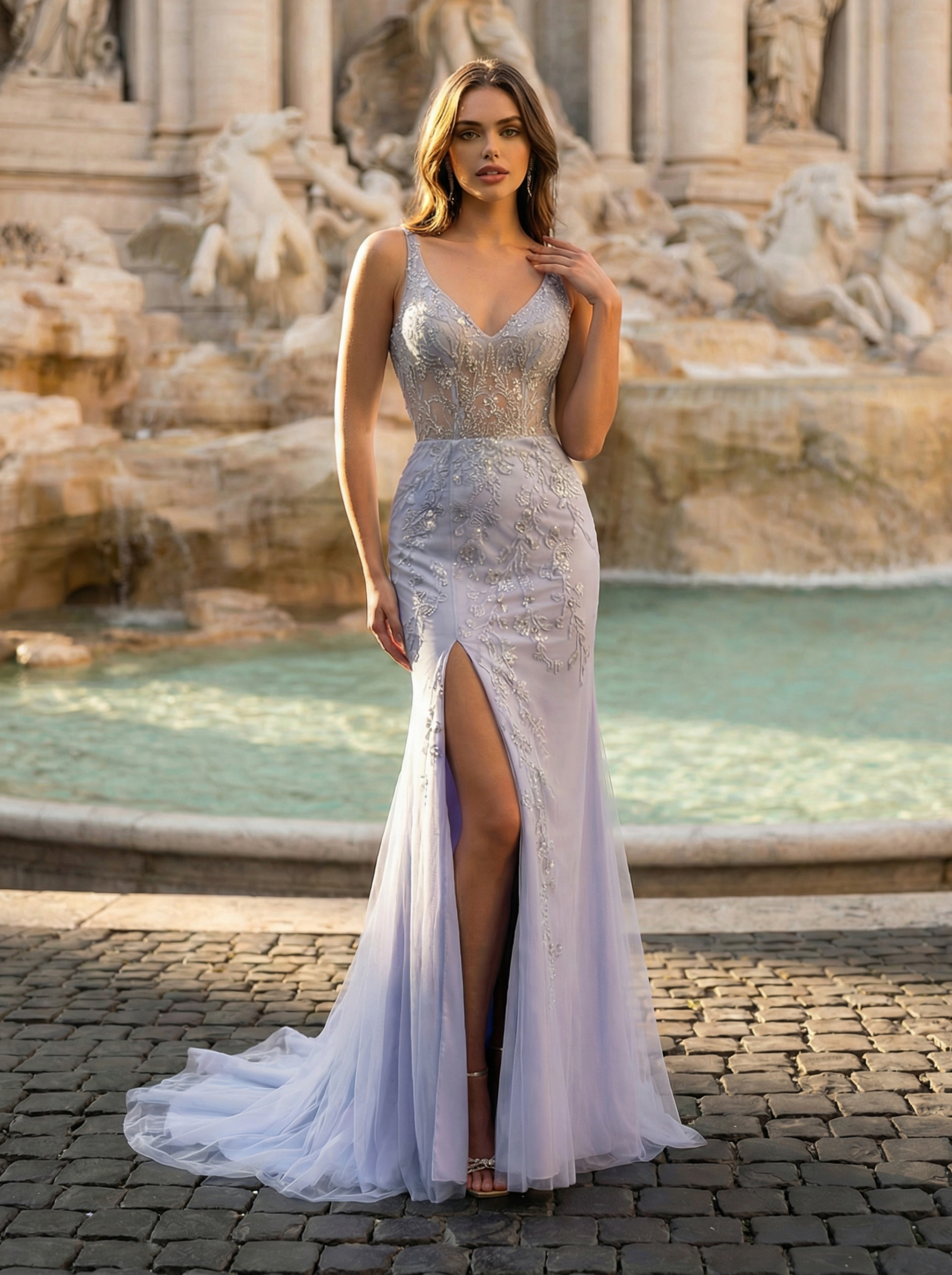 Elegant Heavy Embellished Beaded Tulle Evening Gown