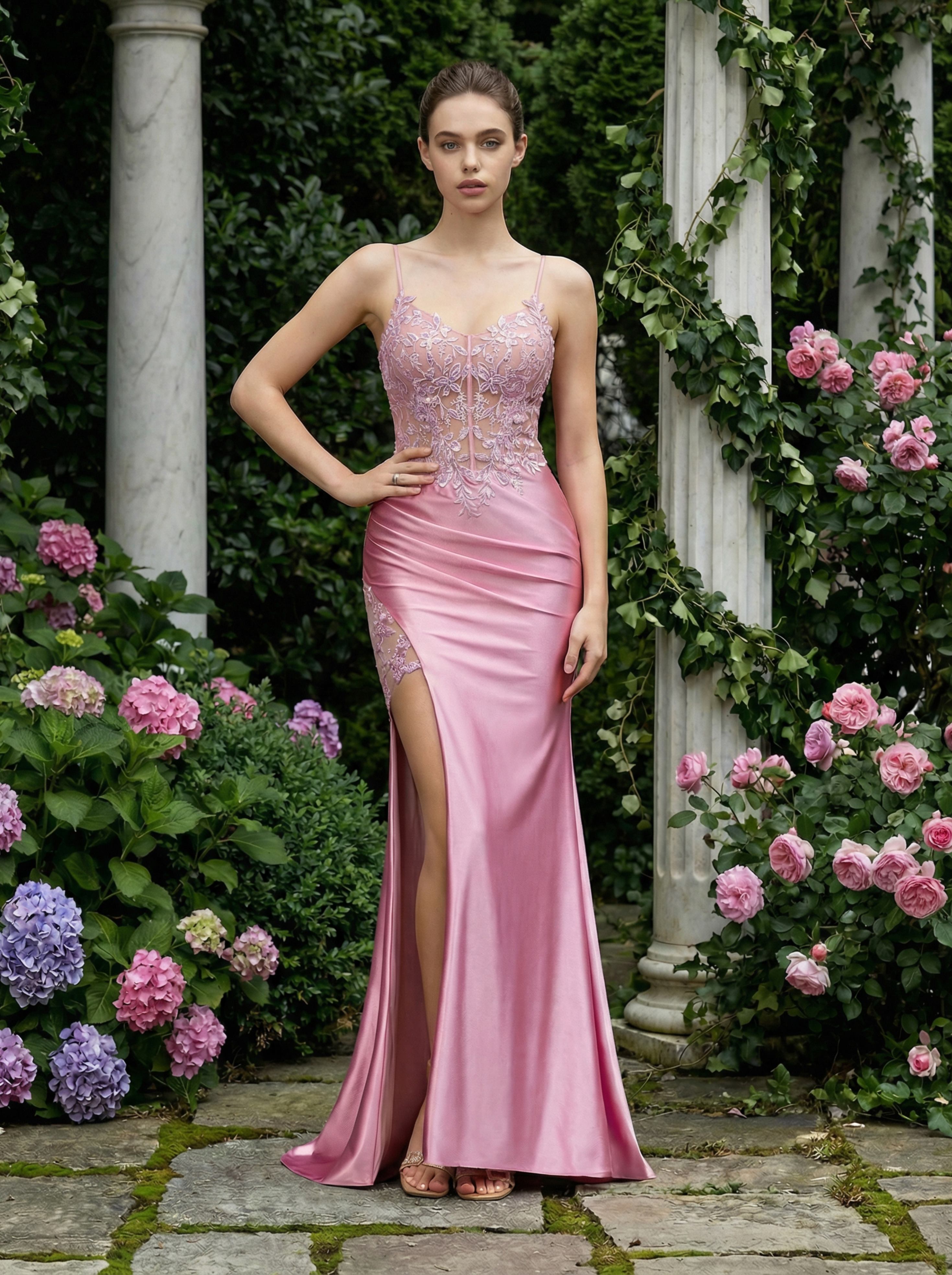 Elegant Pink Embroidered Gown with Spaghetti Straps and a Mermaid Slit