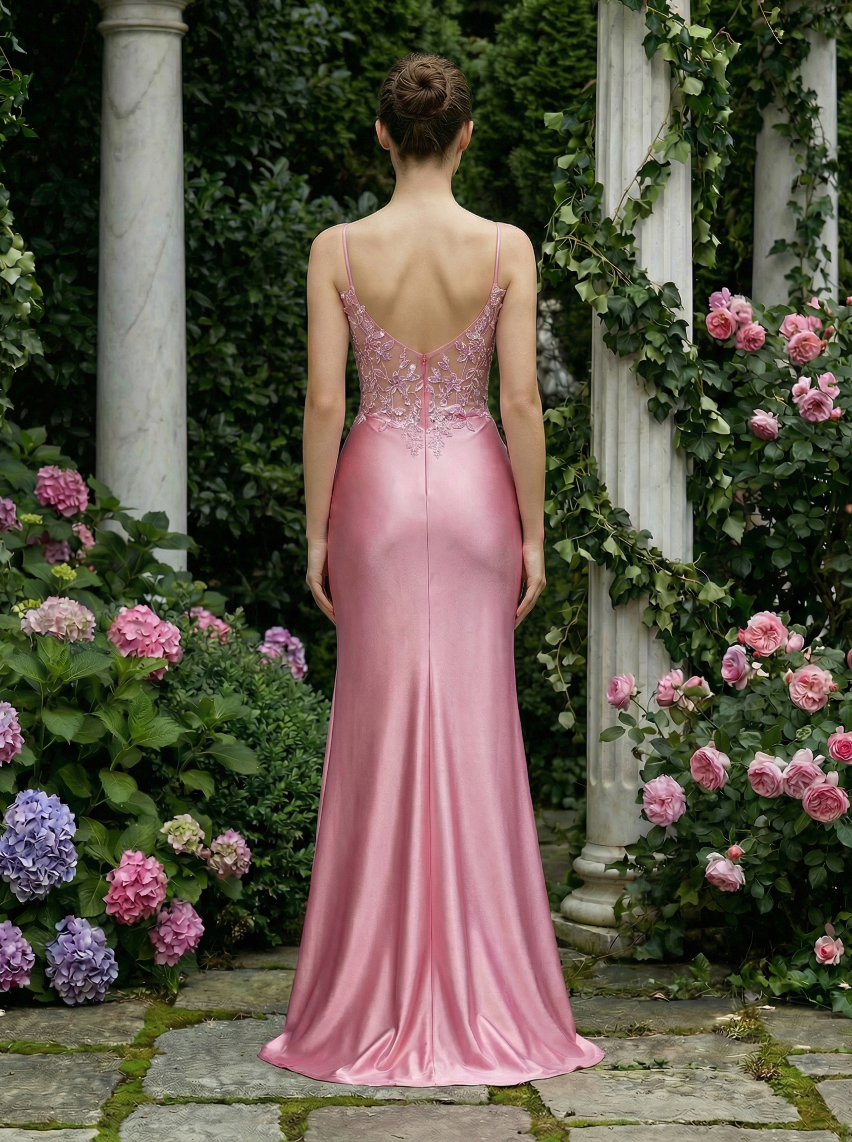Elegant Pink Embroidered Gown with Spaghetti Straps and a Mermaid Slit