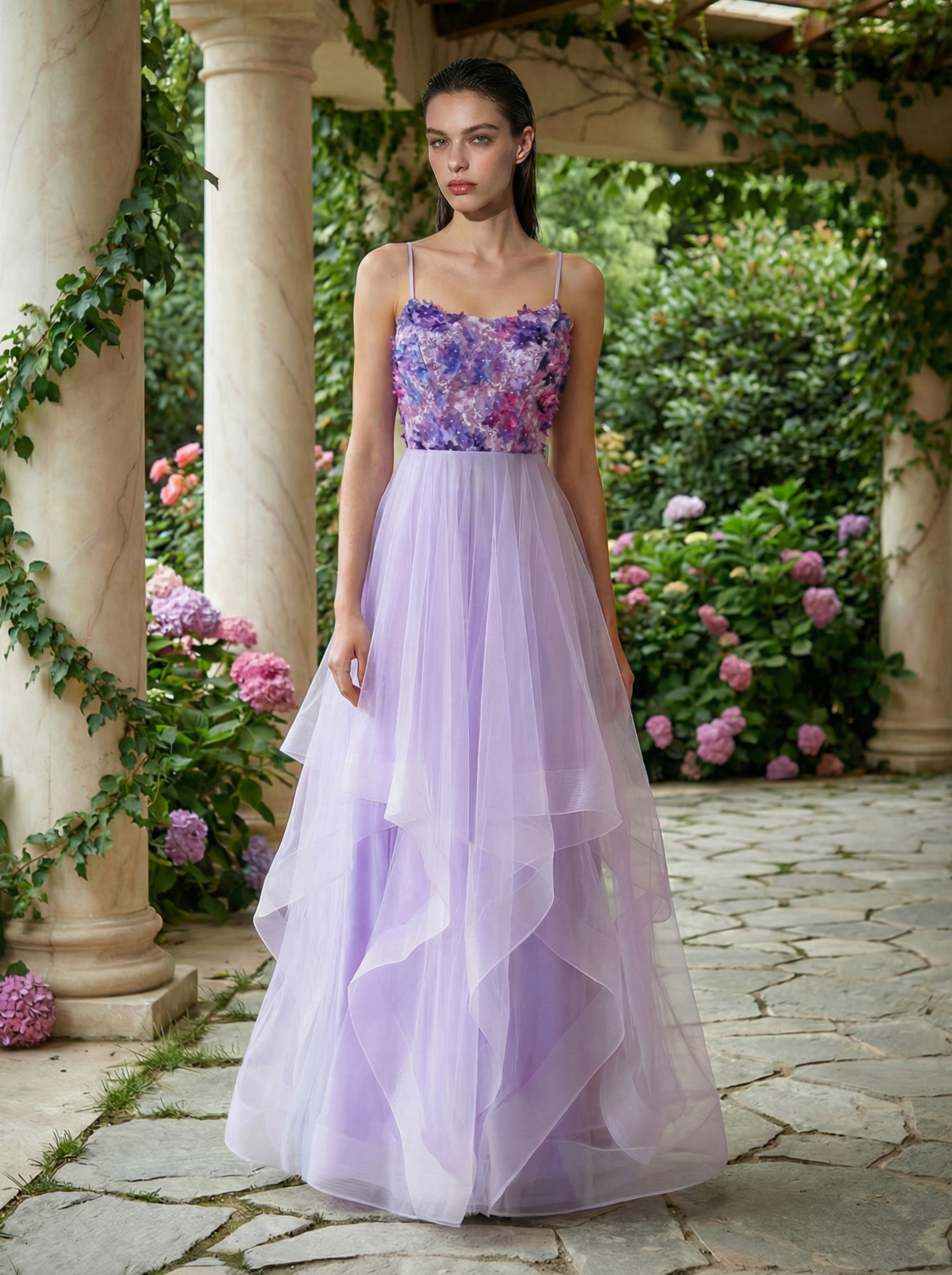 Colorful Spaghetti-Strap Prom Dress with Multi-Layered Tulle Skirt