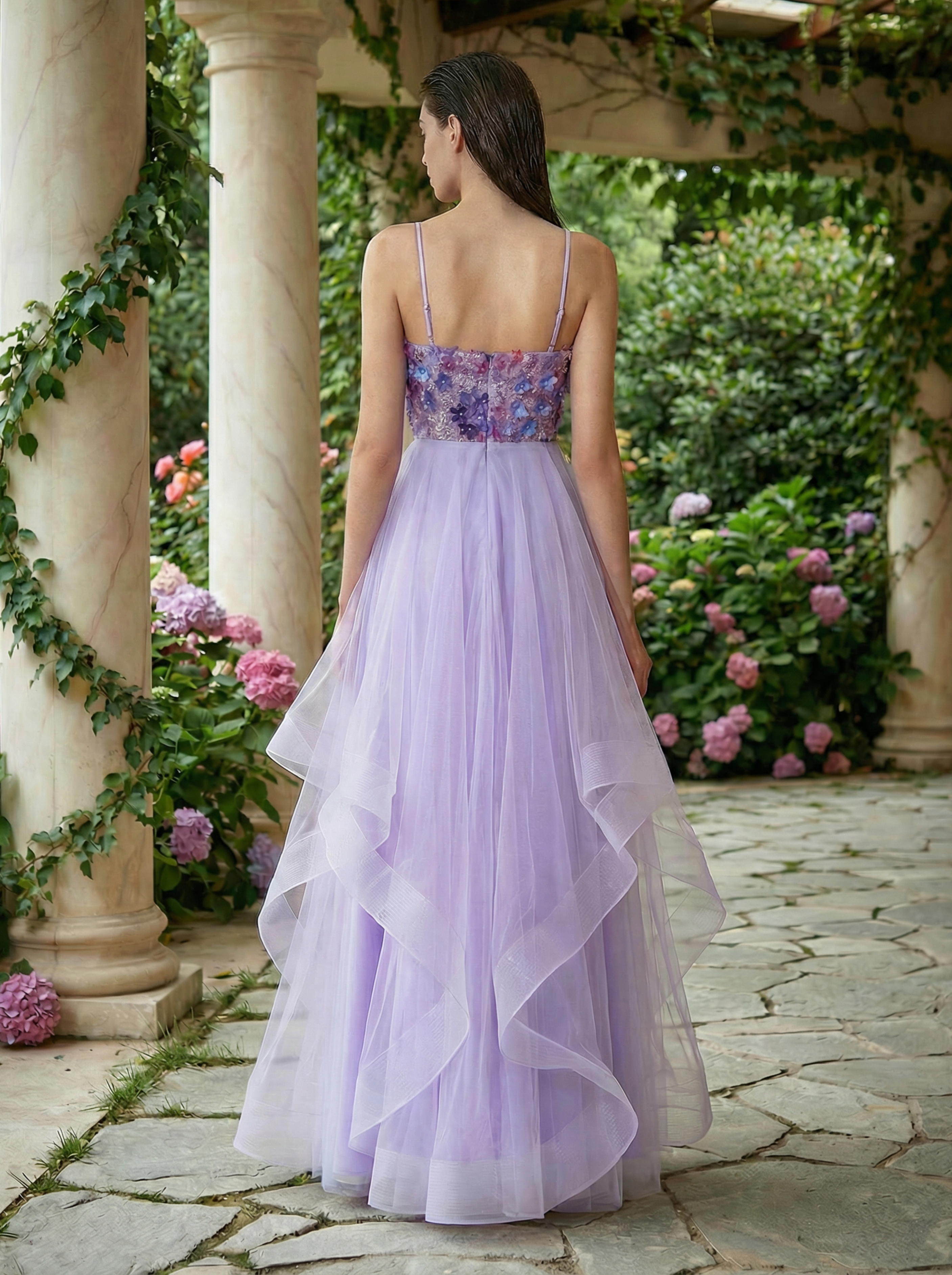 Colorful Spaghetti-Strap Prom Dress with Multi-Layered Tulle Skirt