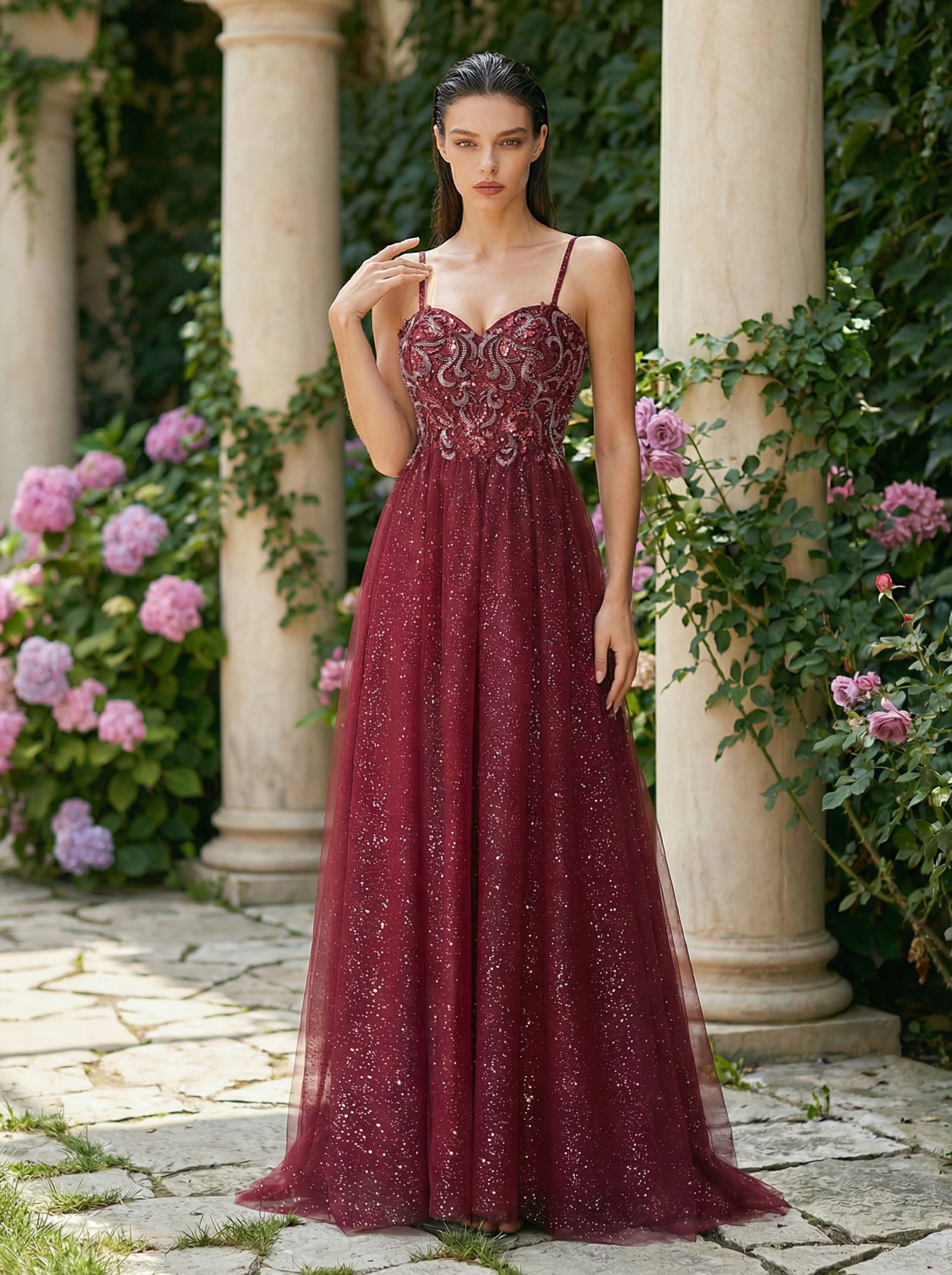 Elegant Sparkly Beaded Tulle A-Line Evening Gown
