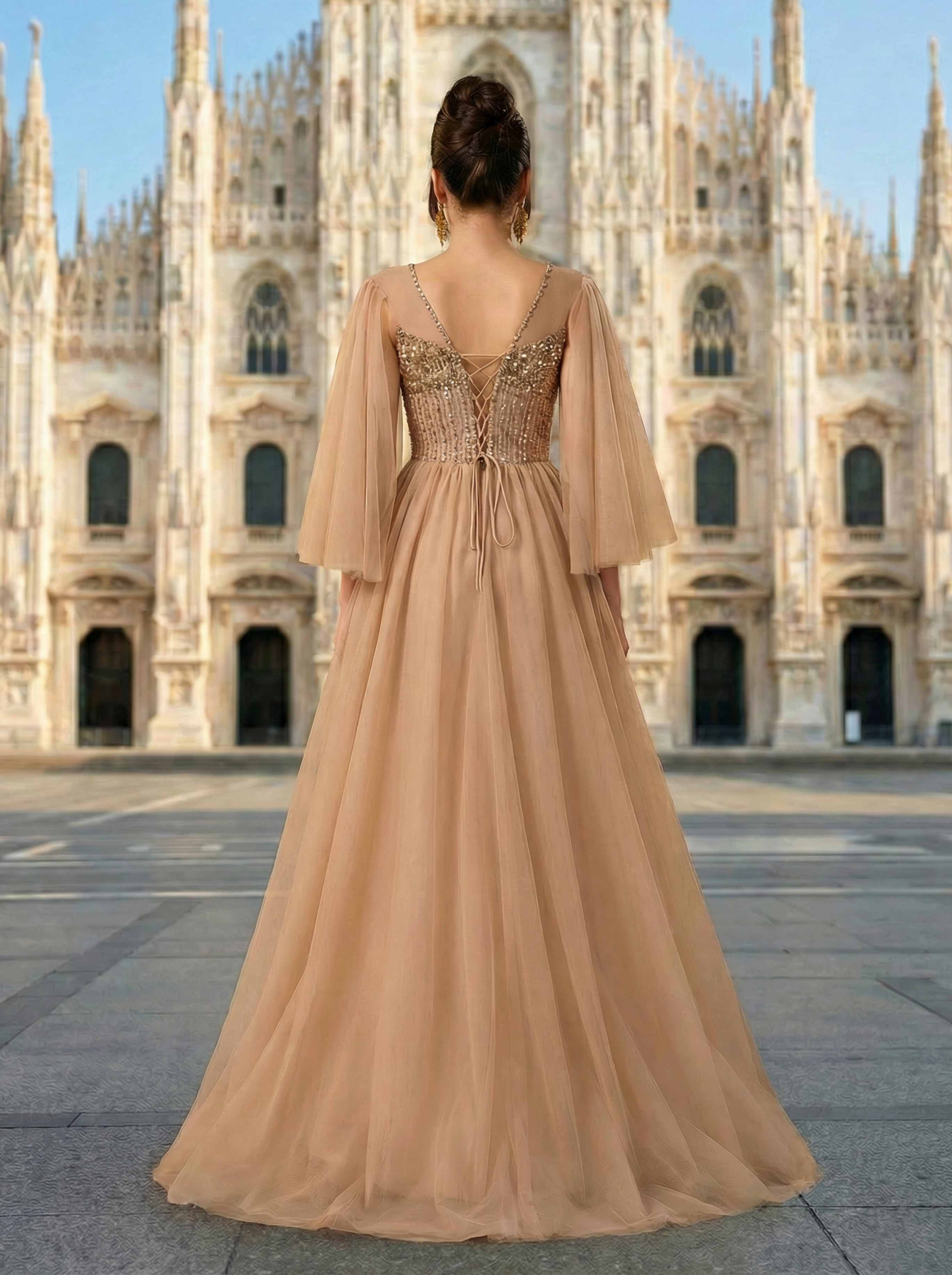 Brown Evening Dress with a Full Tulle Skirt and Delicate Beaded Embroidery