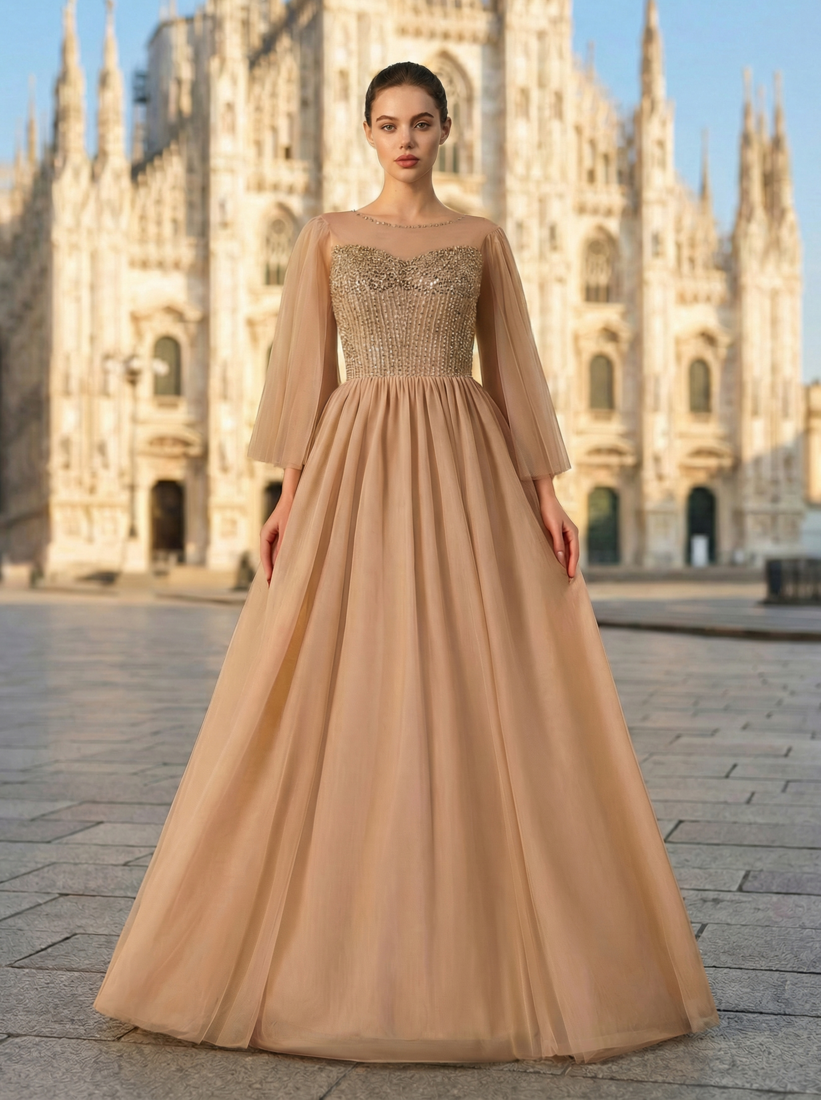 Brown Evening Dress with a Full Tulle Skirt and Delicate Beaded Embroidery