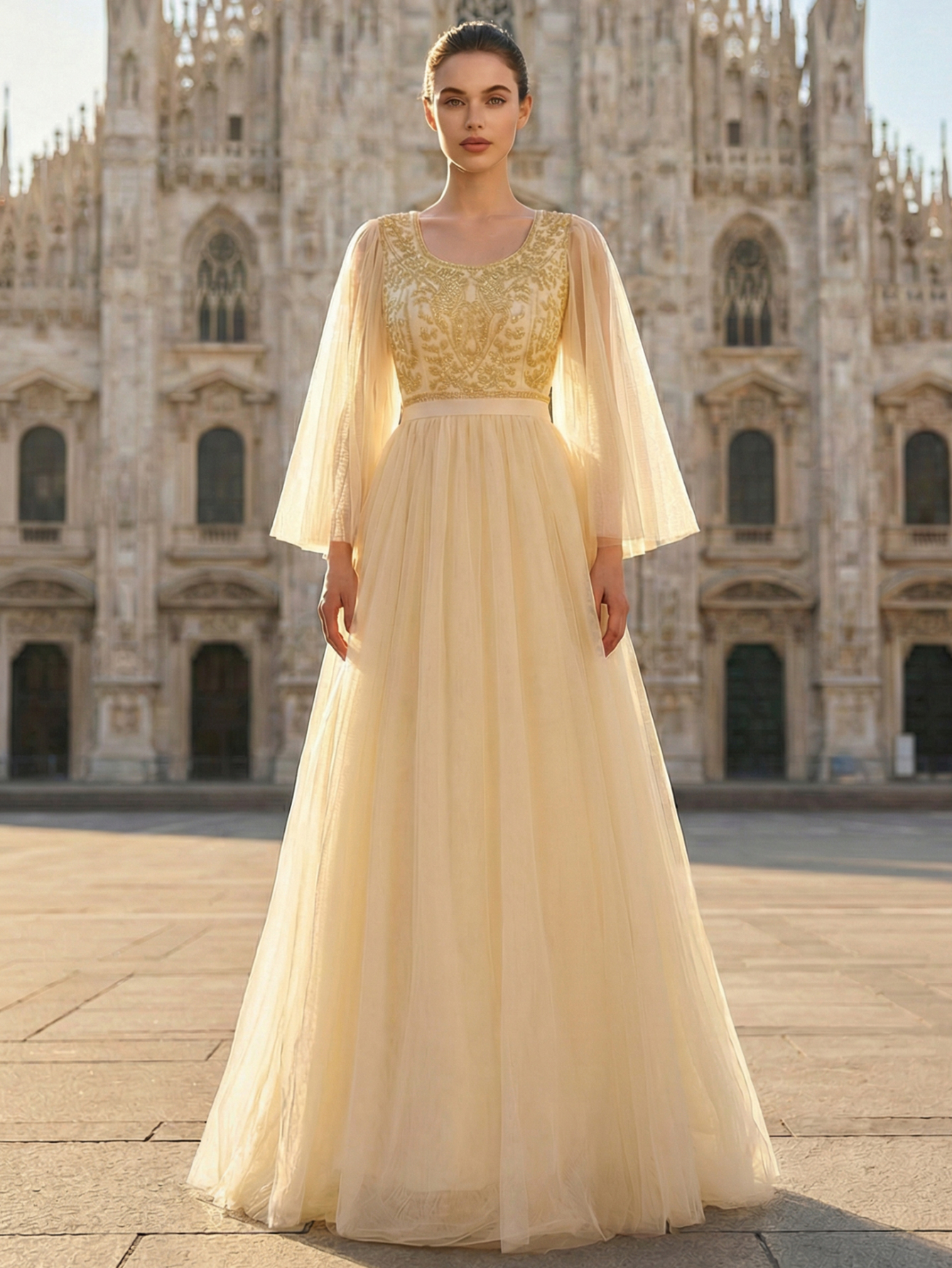 A-line Round Neck Ruffle Tulle Long Prom Dress with Beading