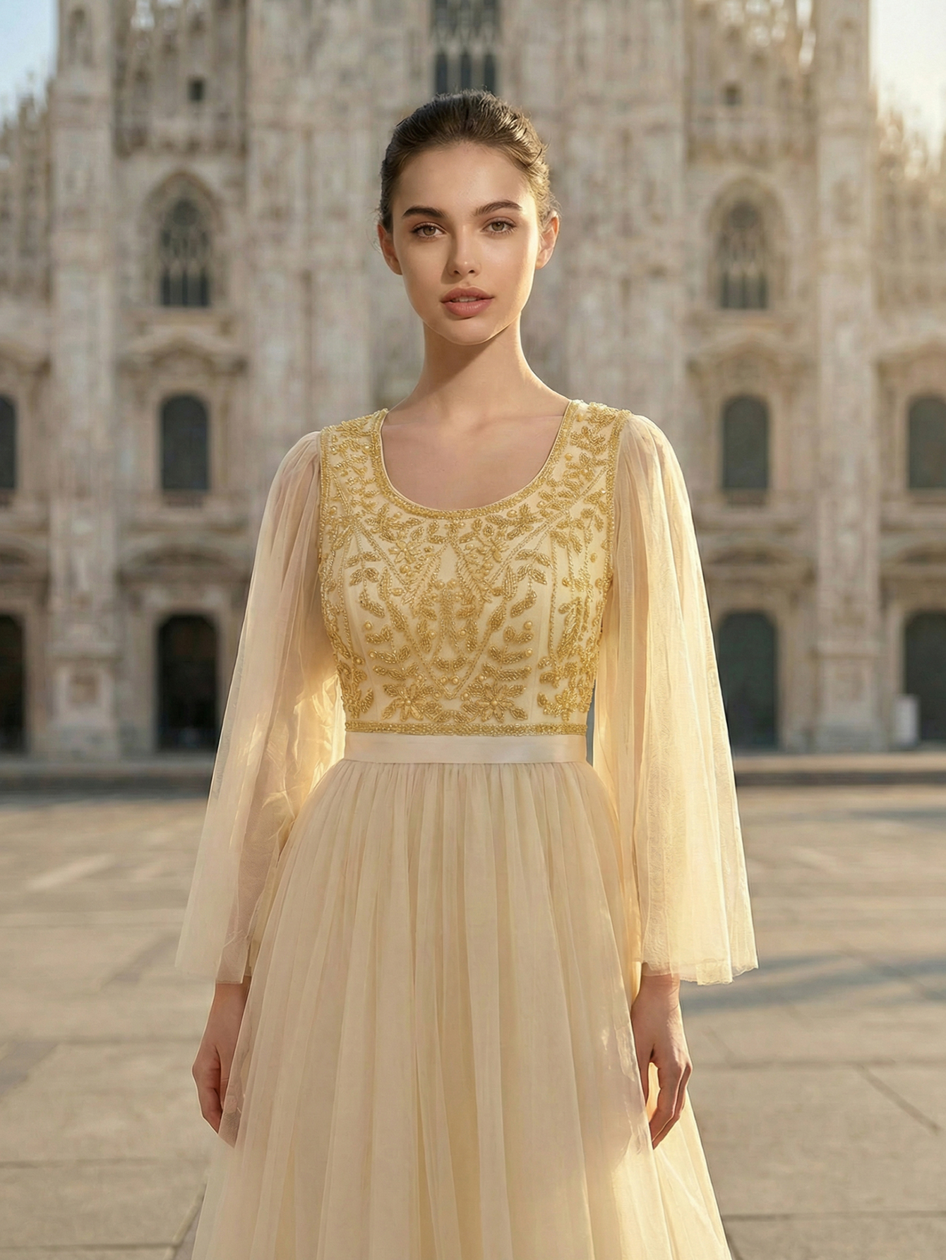 A-line Round Neck Ruffle Tulle Long Prom Dress with Beading