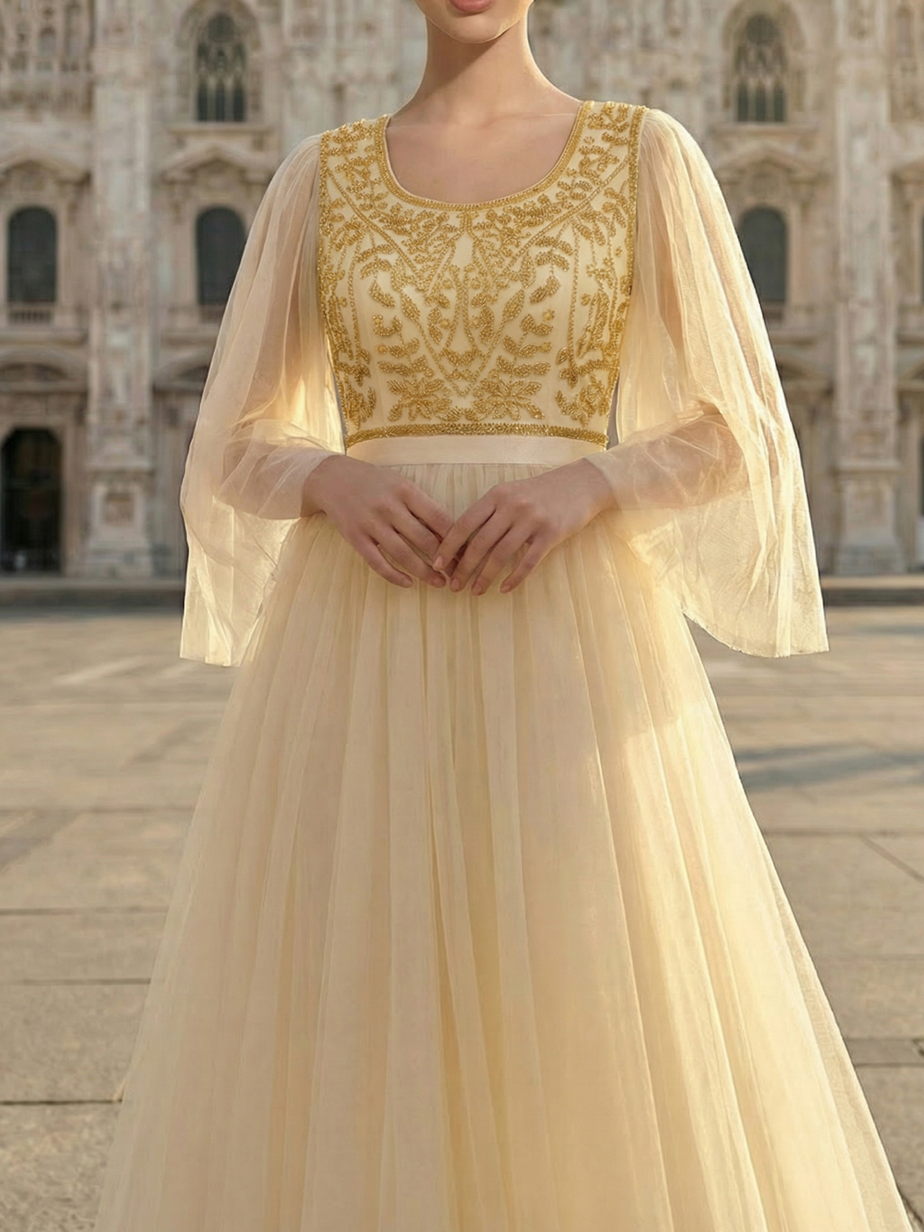 A-line Round Neck Ruffle Tulle Long Prom Dress with Beading