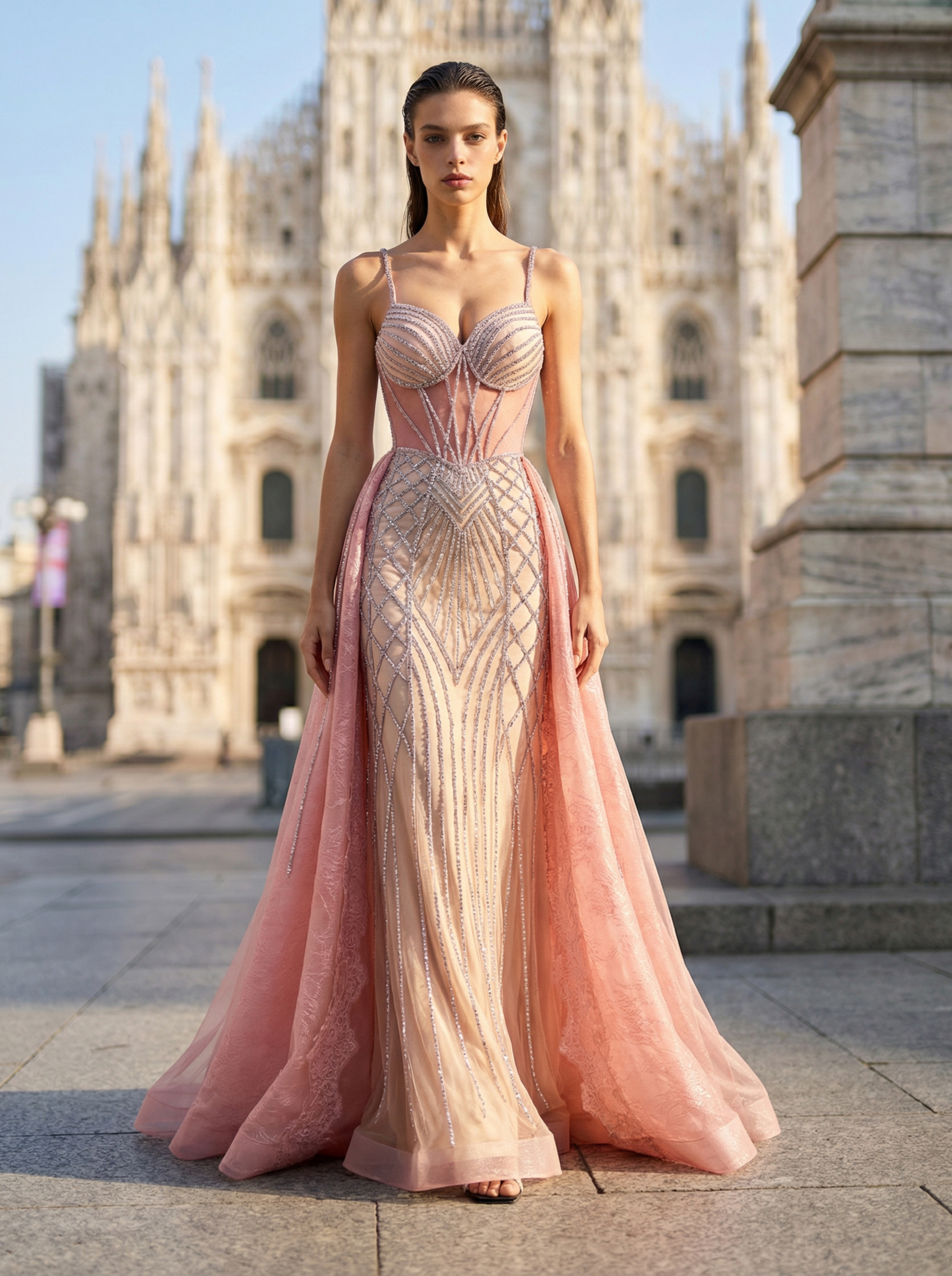 Stunning Champagne Beaded Mermaid Gown with Illusion Neckline