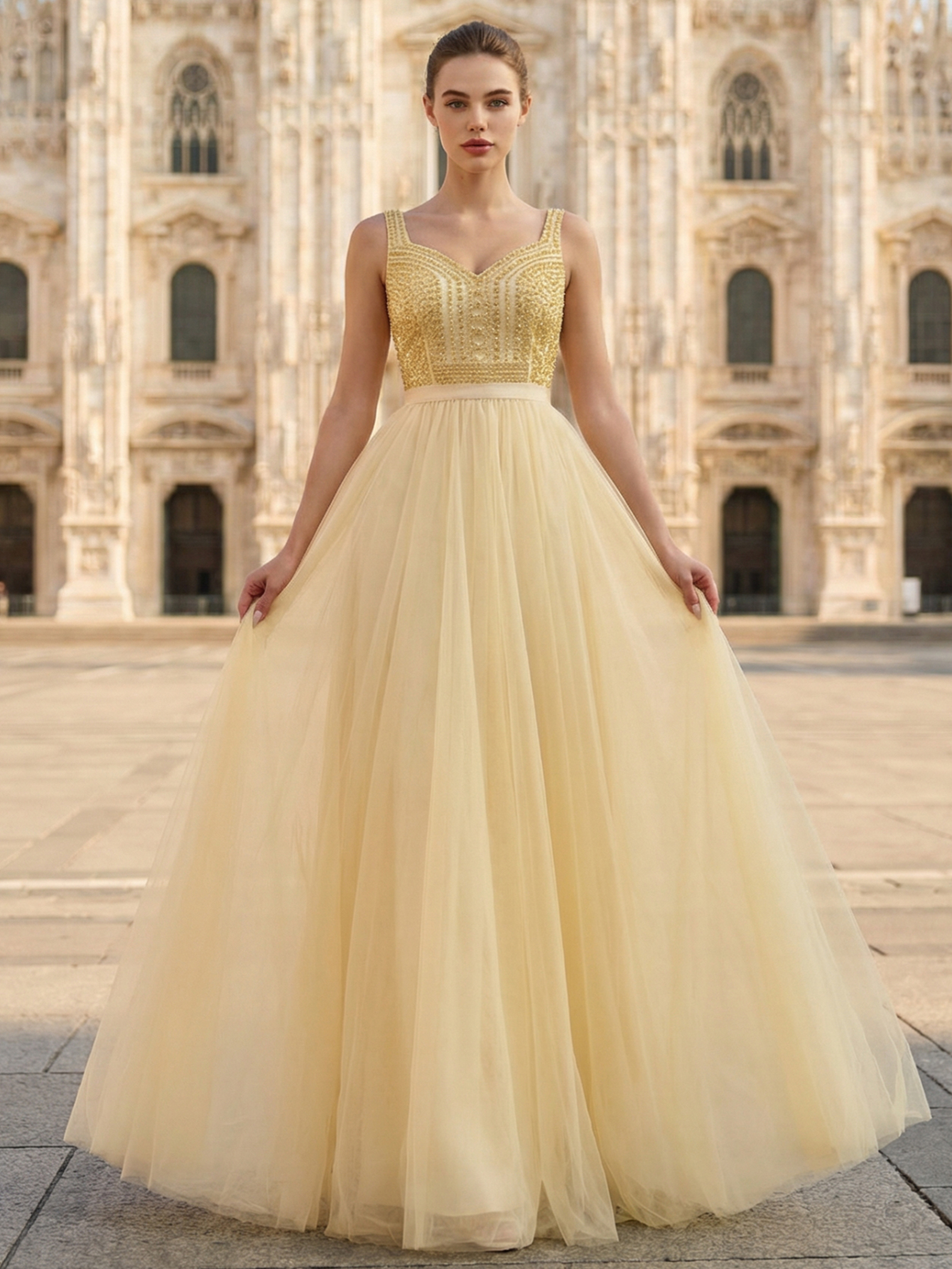 A-line Sweetheart Sleeveless Tulle Long Prom Dress with Beading