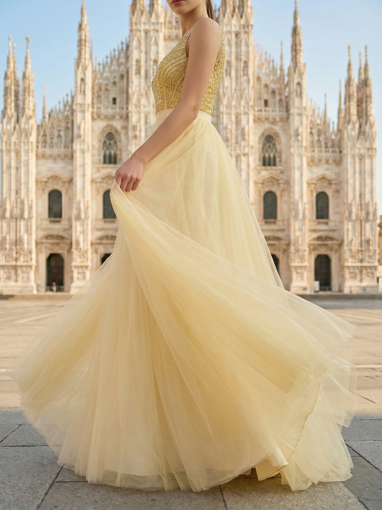 A-line Sweetheart Sleeveless Tulle Long Prom Dress with Beading