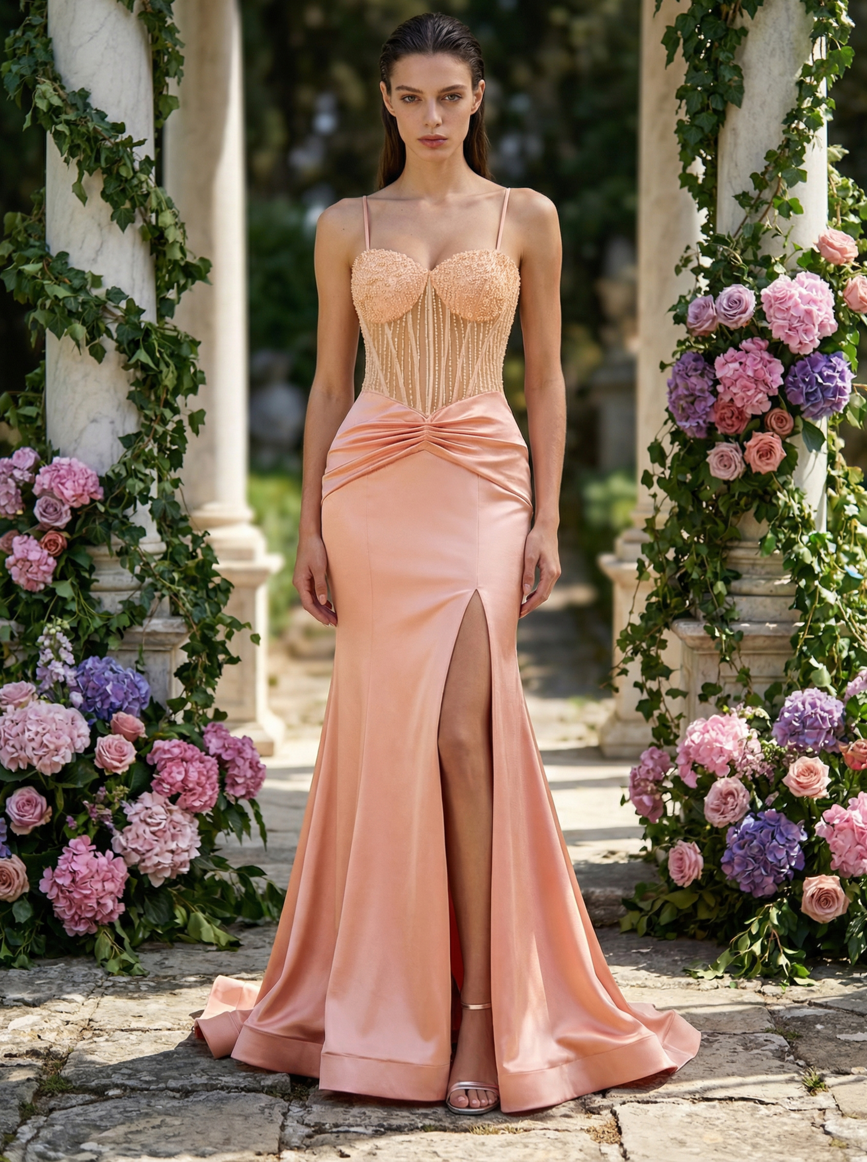 Beaded Corset Mermaid Gown with a Thigh Slit