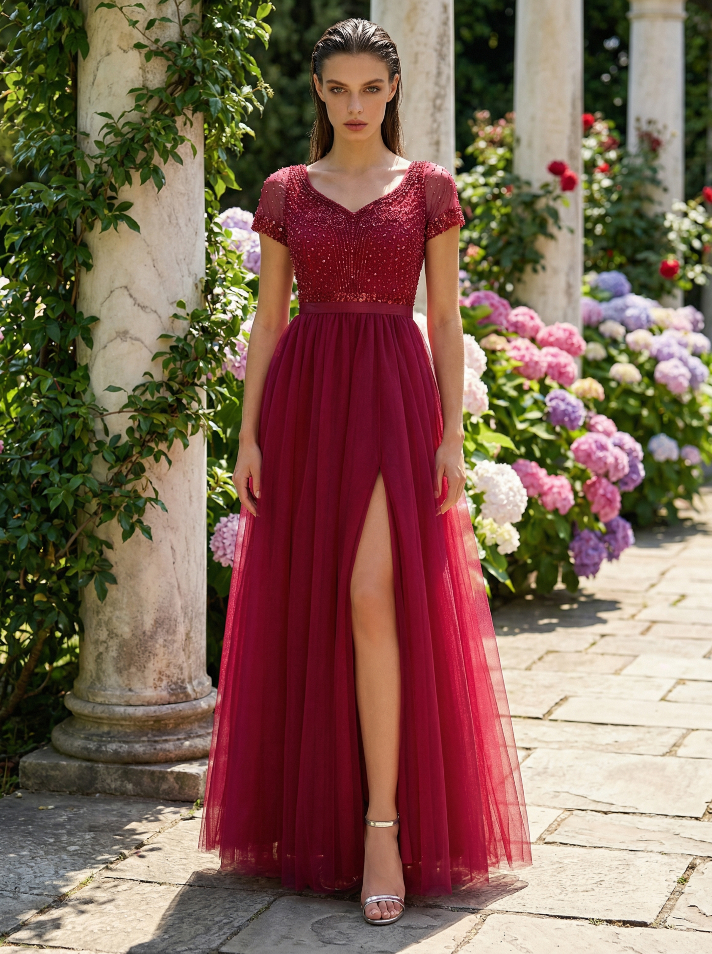 V Neck Beaded Prom Dress with Short Sleeve