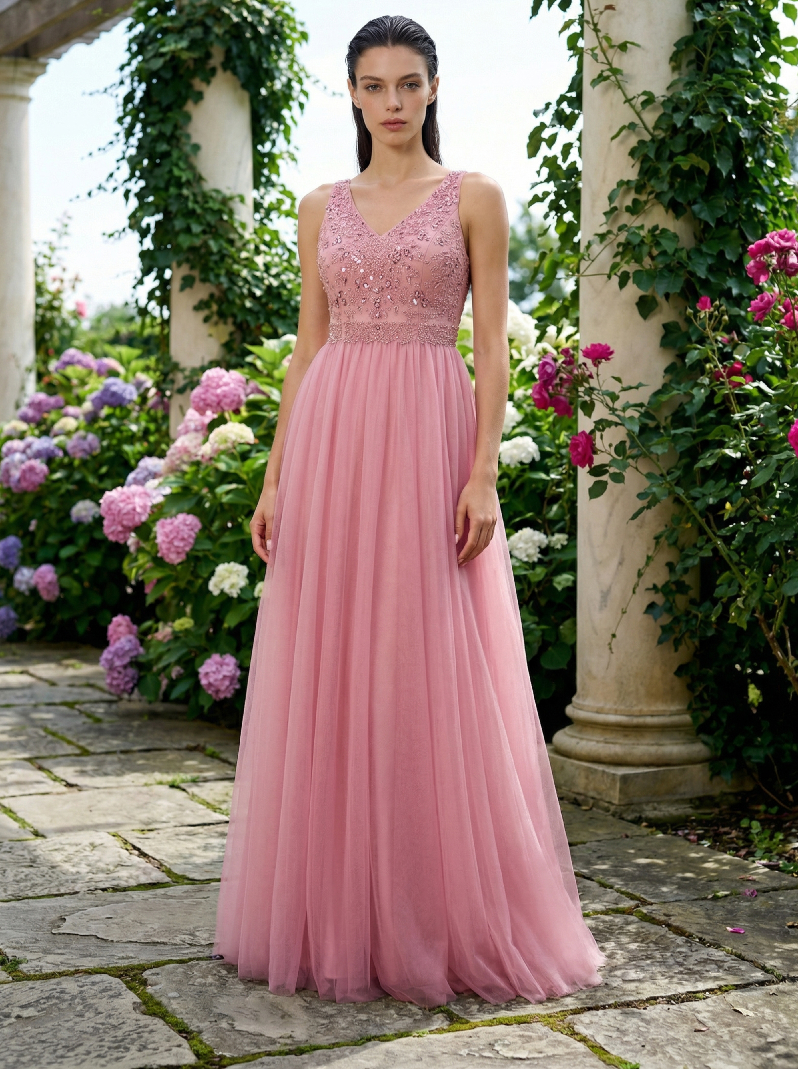 Blush Pink Beaded Tulle Gown with Full Skirt
