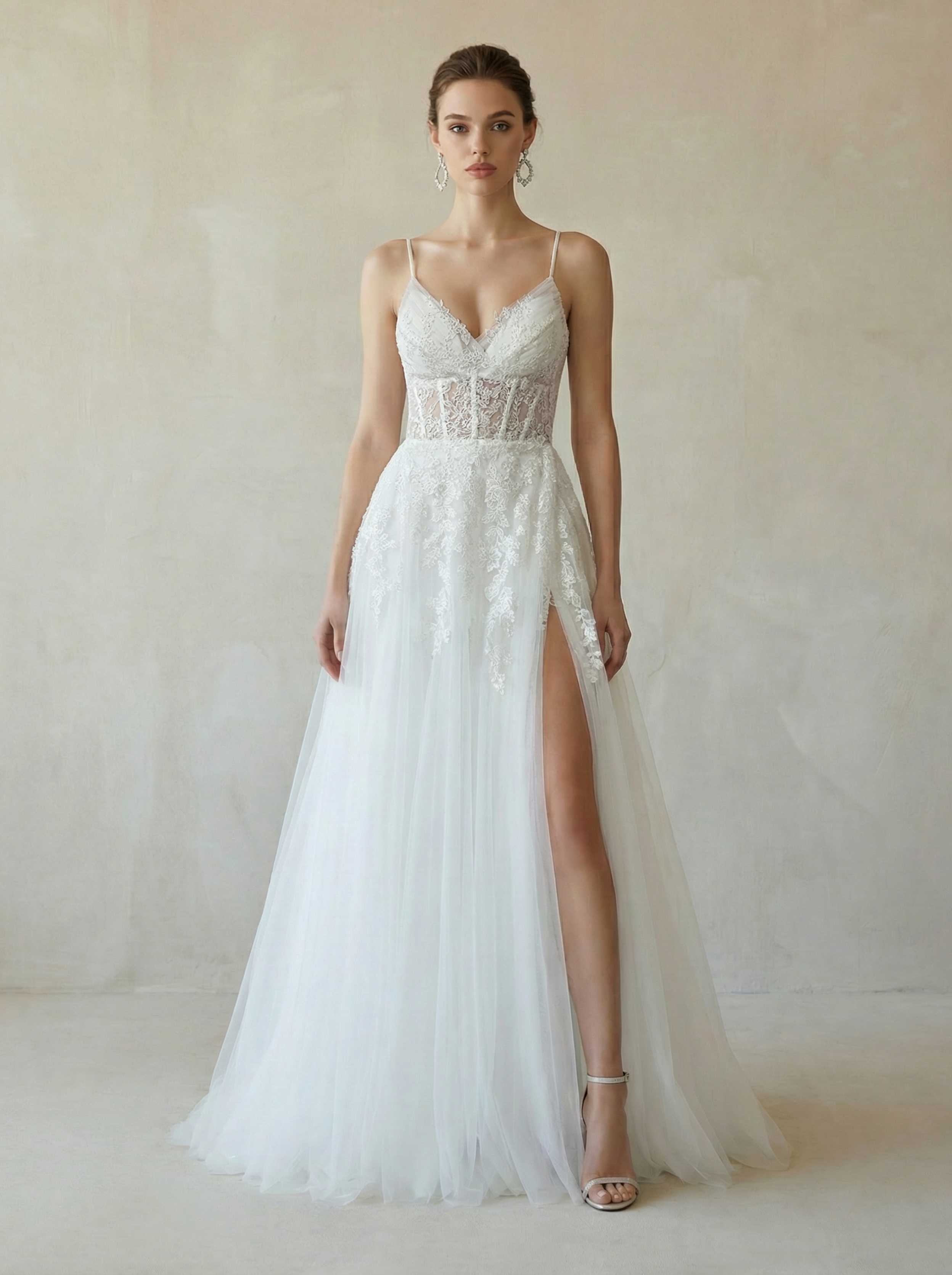 Crisscross V-Neck Tulle A-Line Wedding Dress with Slit
