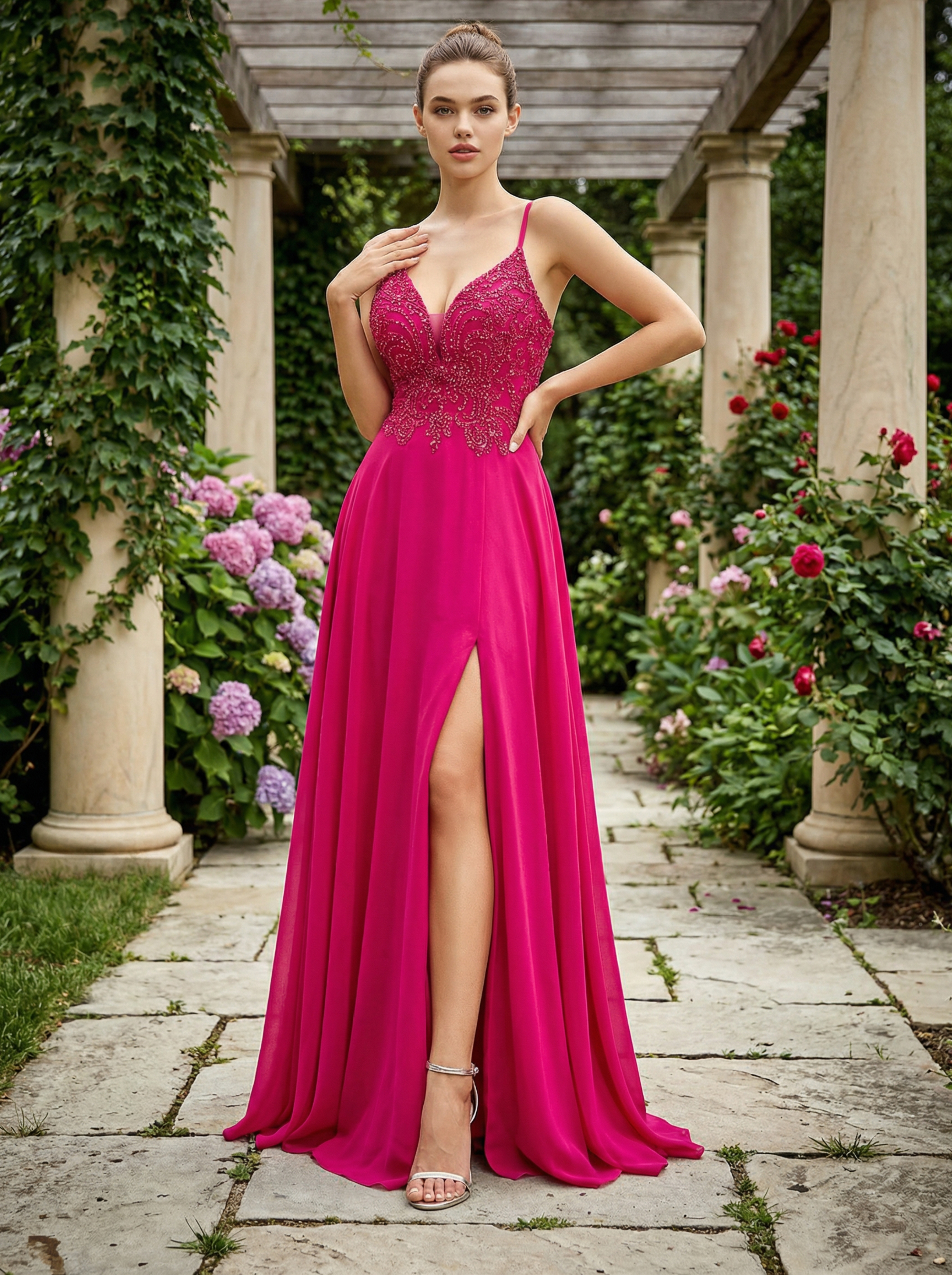 Fuchsia Chiffon Formal Gown with Spaghetti Straps, Beaded Embroidery