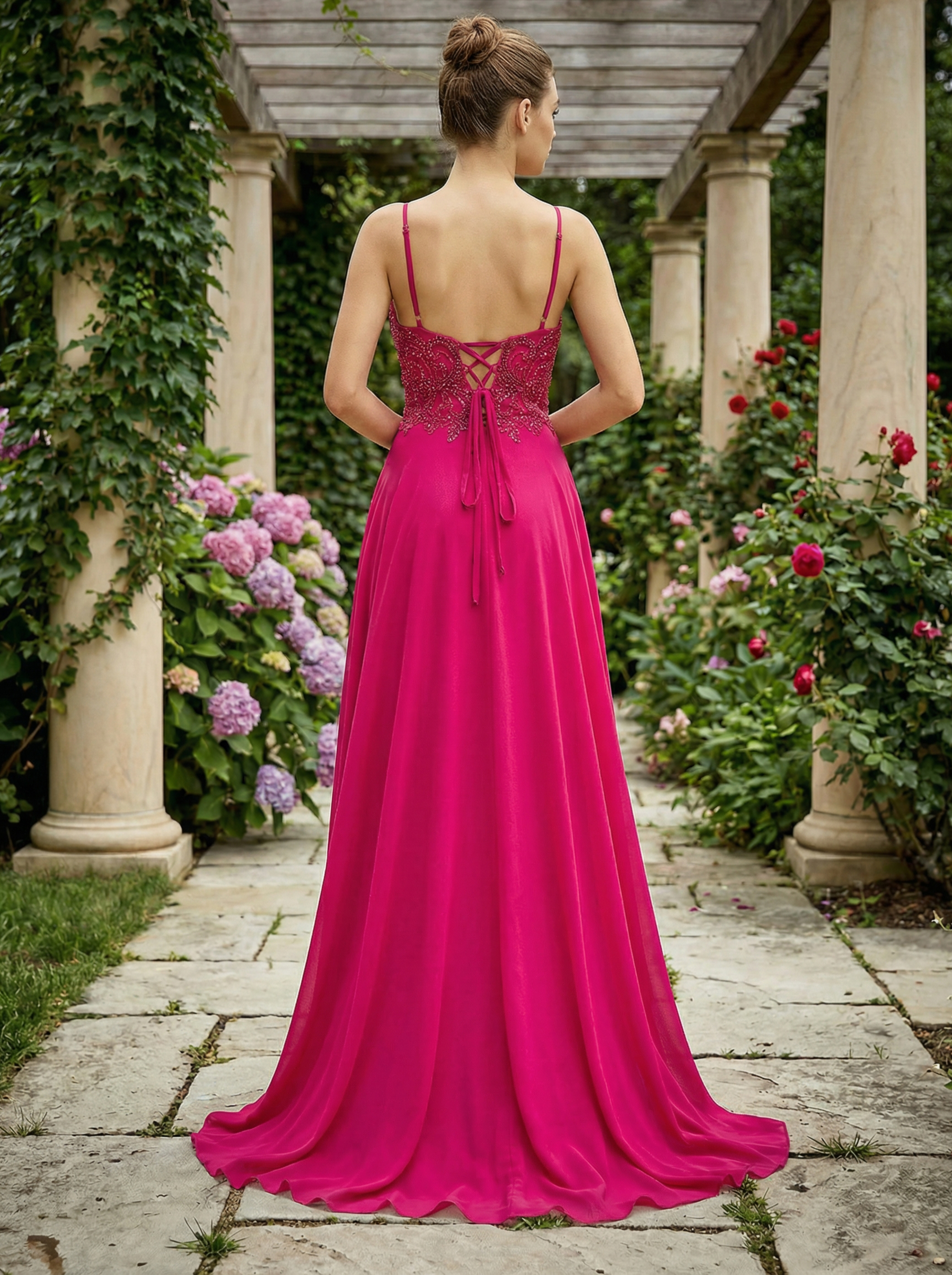 Fuchsia Chiffon Formal Gown with Spaghetti Straps, Beaded Embroidery